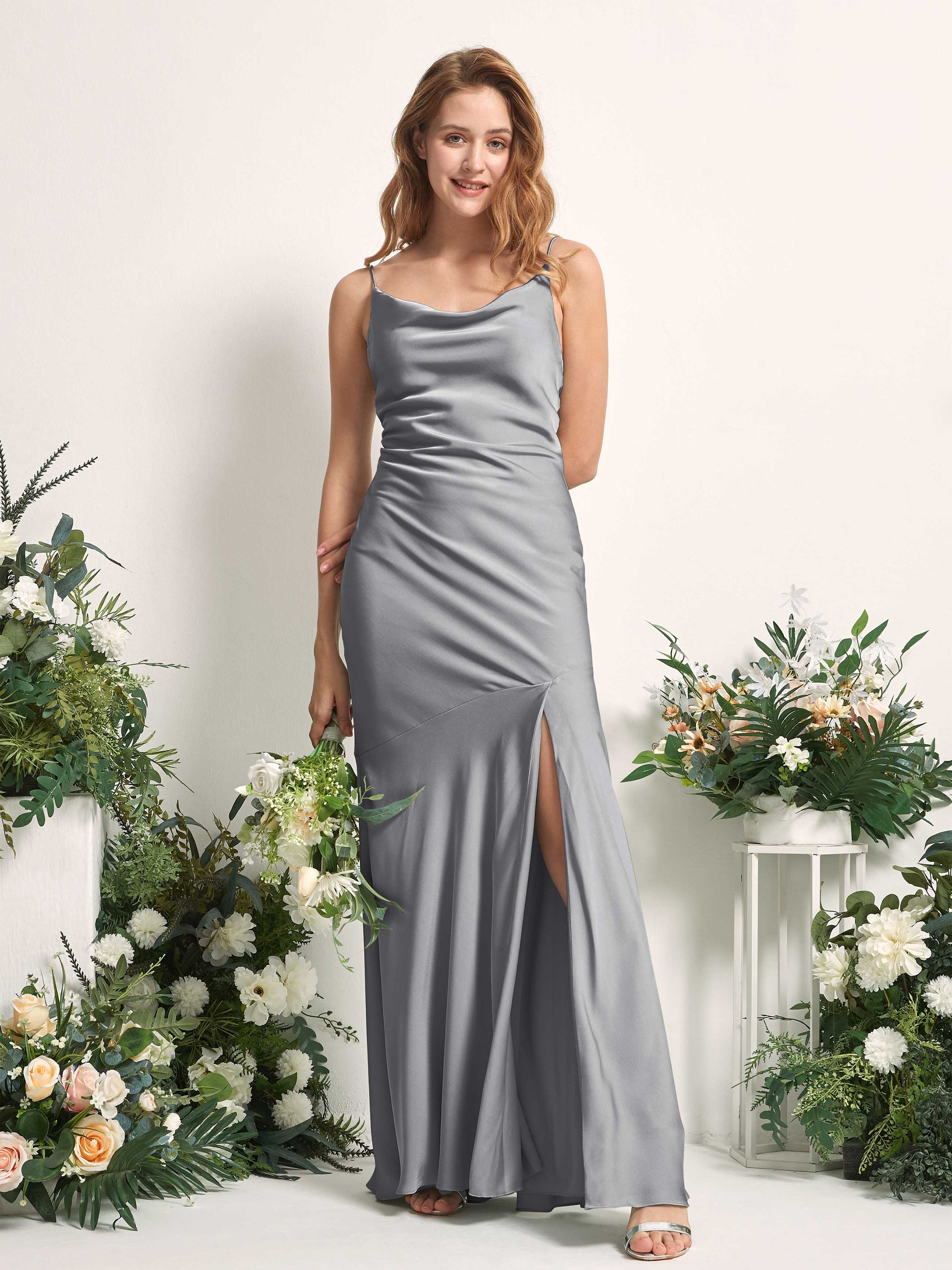 Miranda Steel Gray Satin Sleeveless Maxi Dress