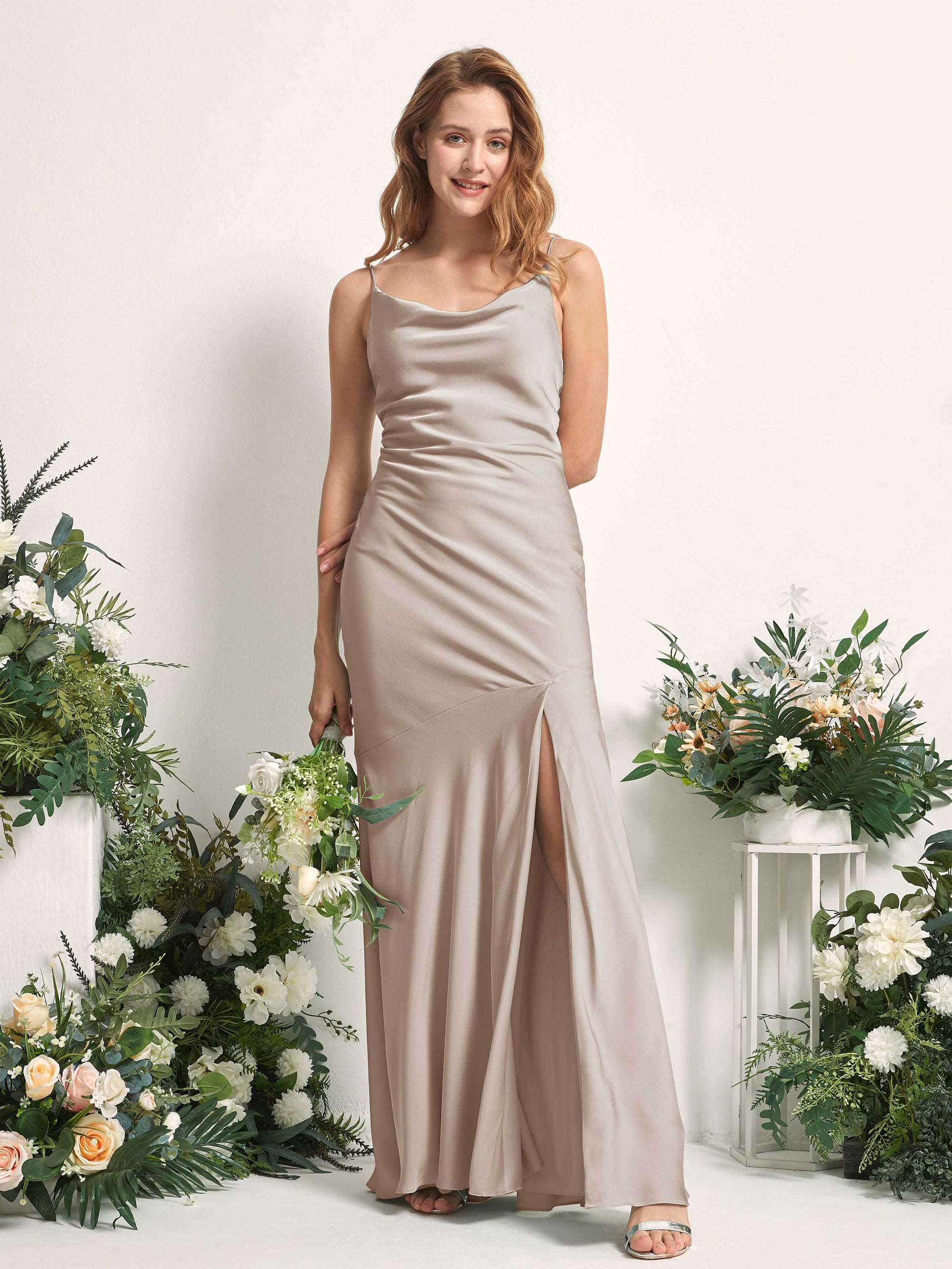 Miranda Taupe Satin Sleeveless Maxi Dress