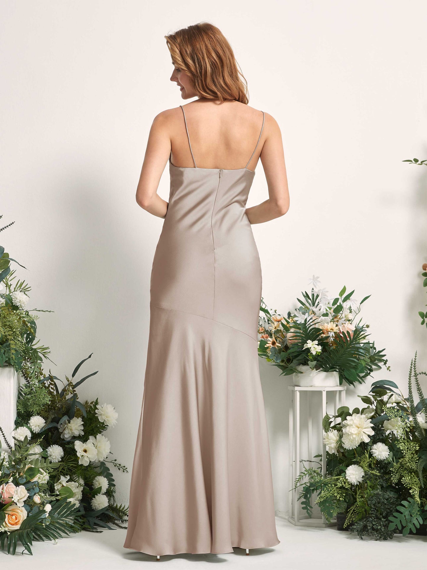 Miranda Taupe Satin Sleeveless Maxi Dress