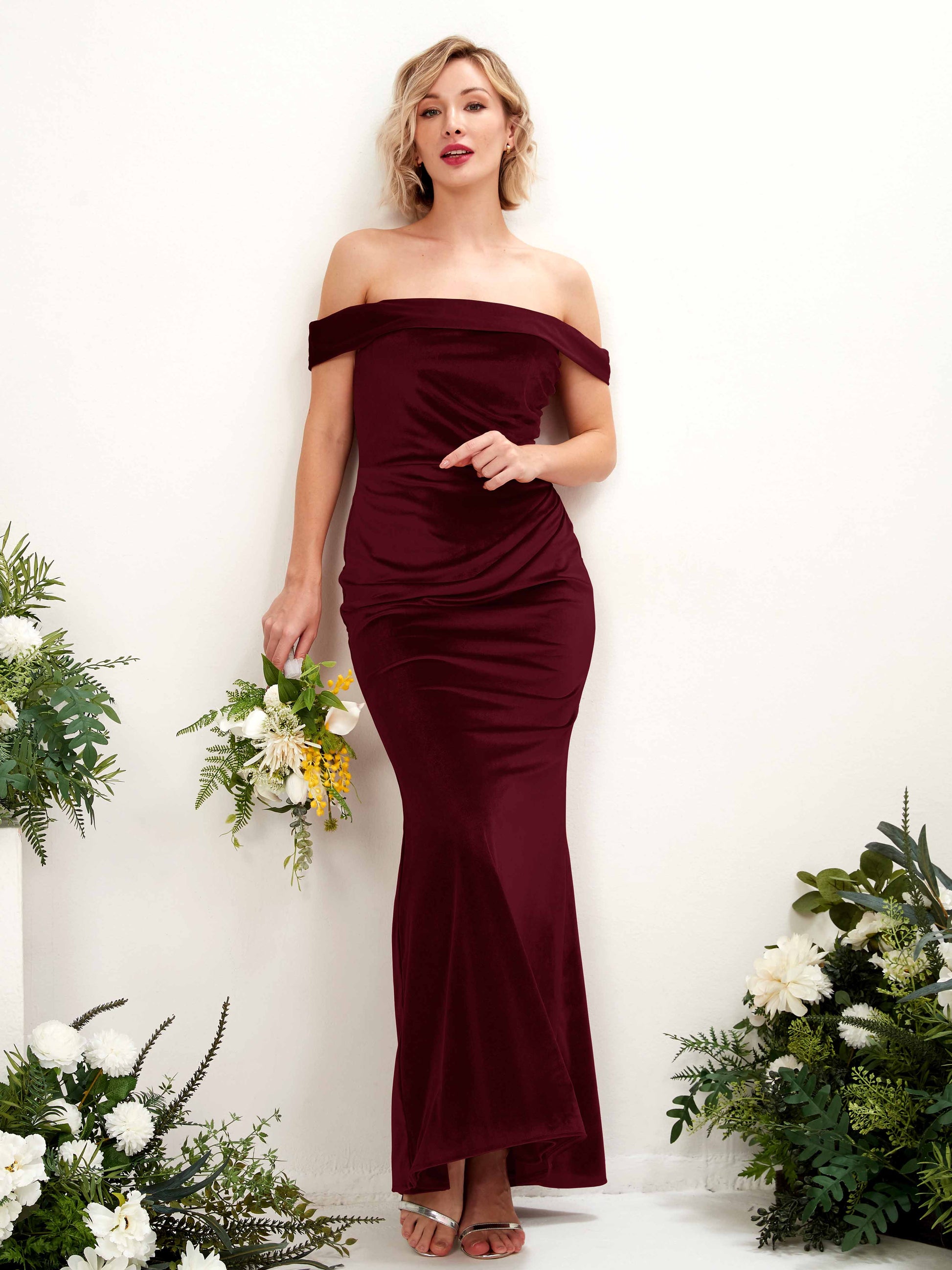 Mona Burgundy Velvet Off Shoulder Maxi Dress