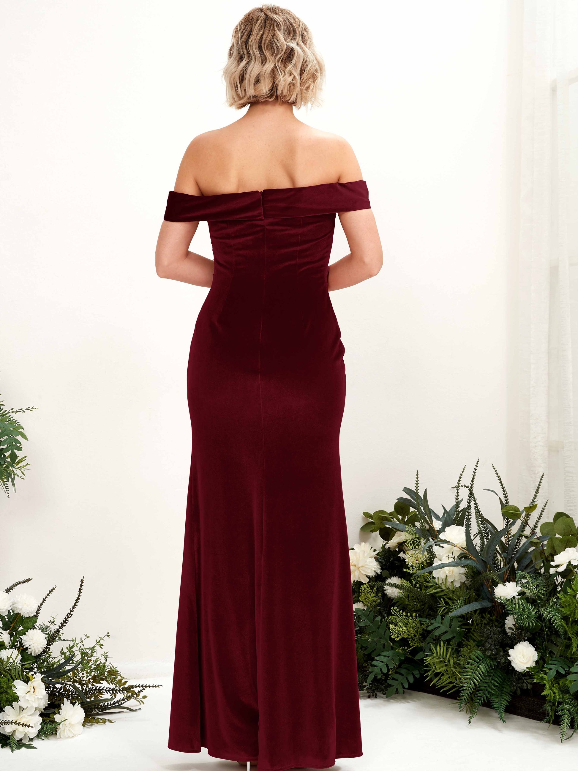 Mona Burgundy Velvet Off Shoulder Maxi Dress