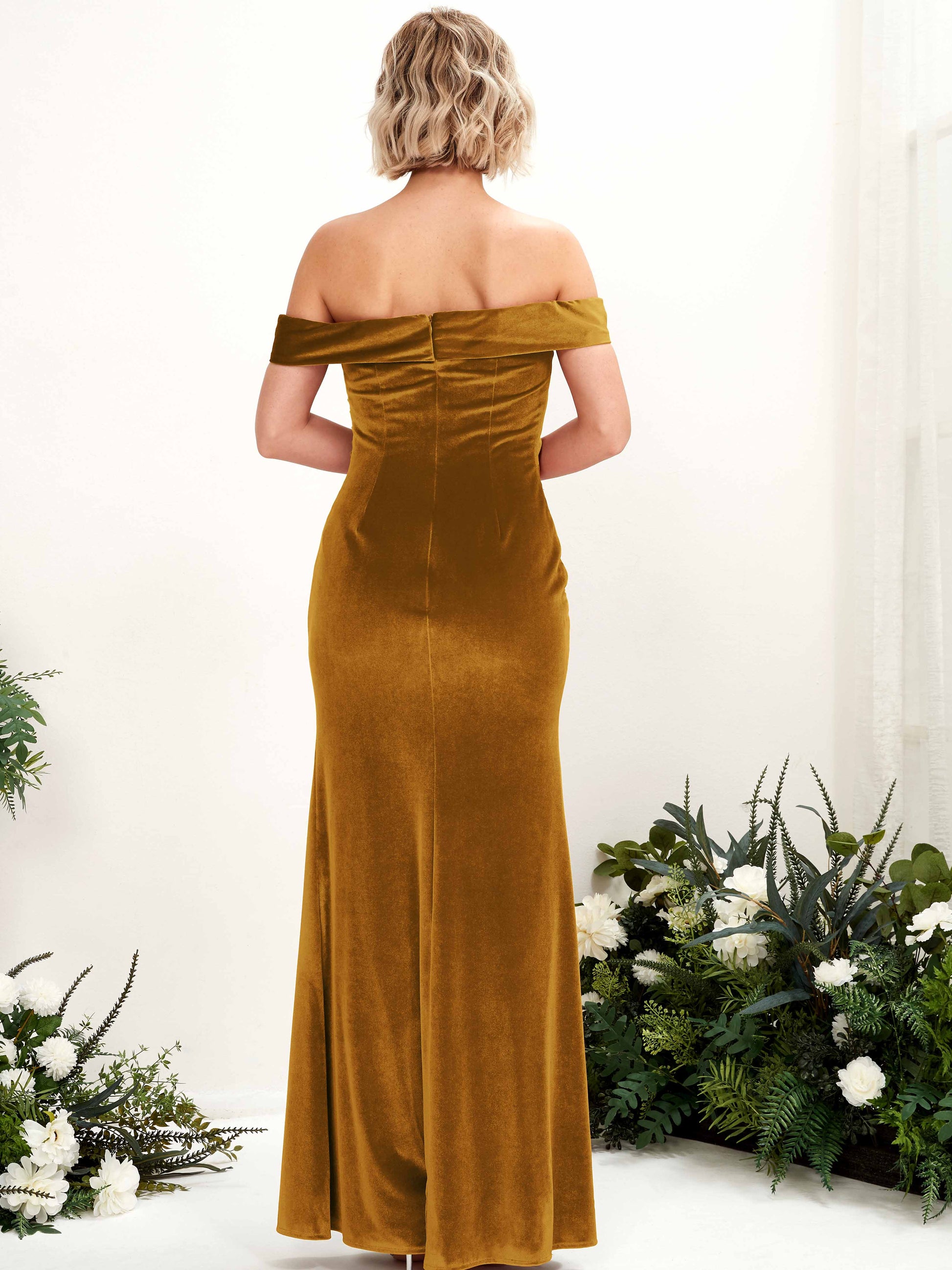 Mona Burnished Gold Velvet Off Shoulder Maxi Dress