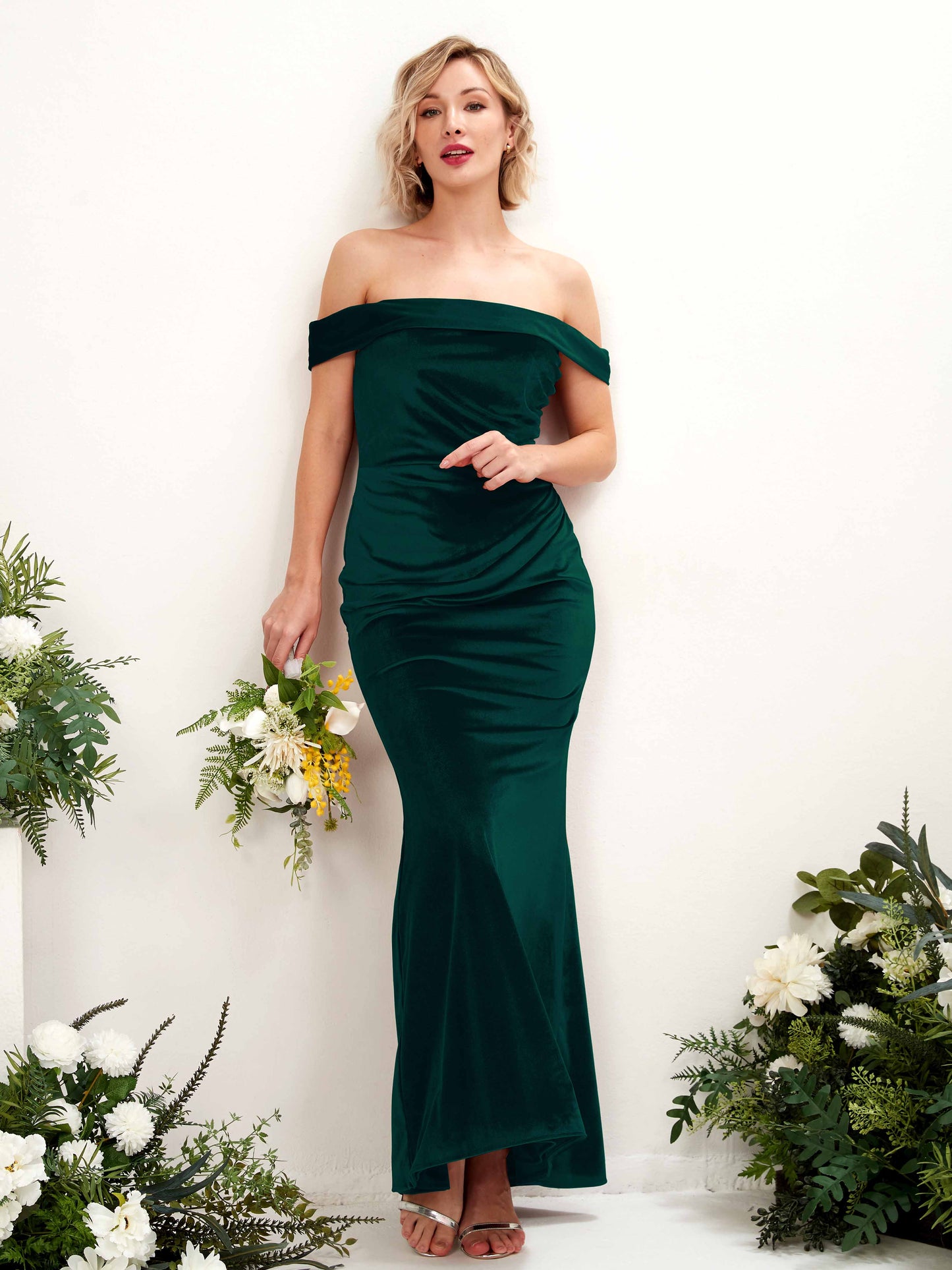 Mona Hunter Green Velvet Off Shoulder Maxi Dress