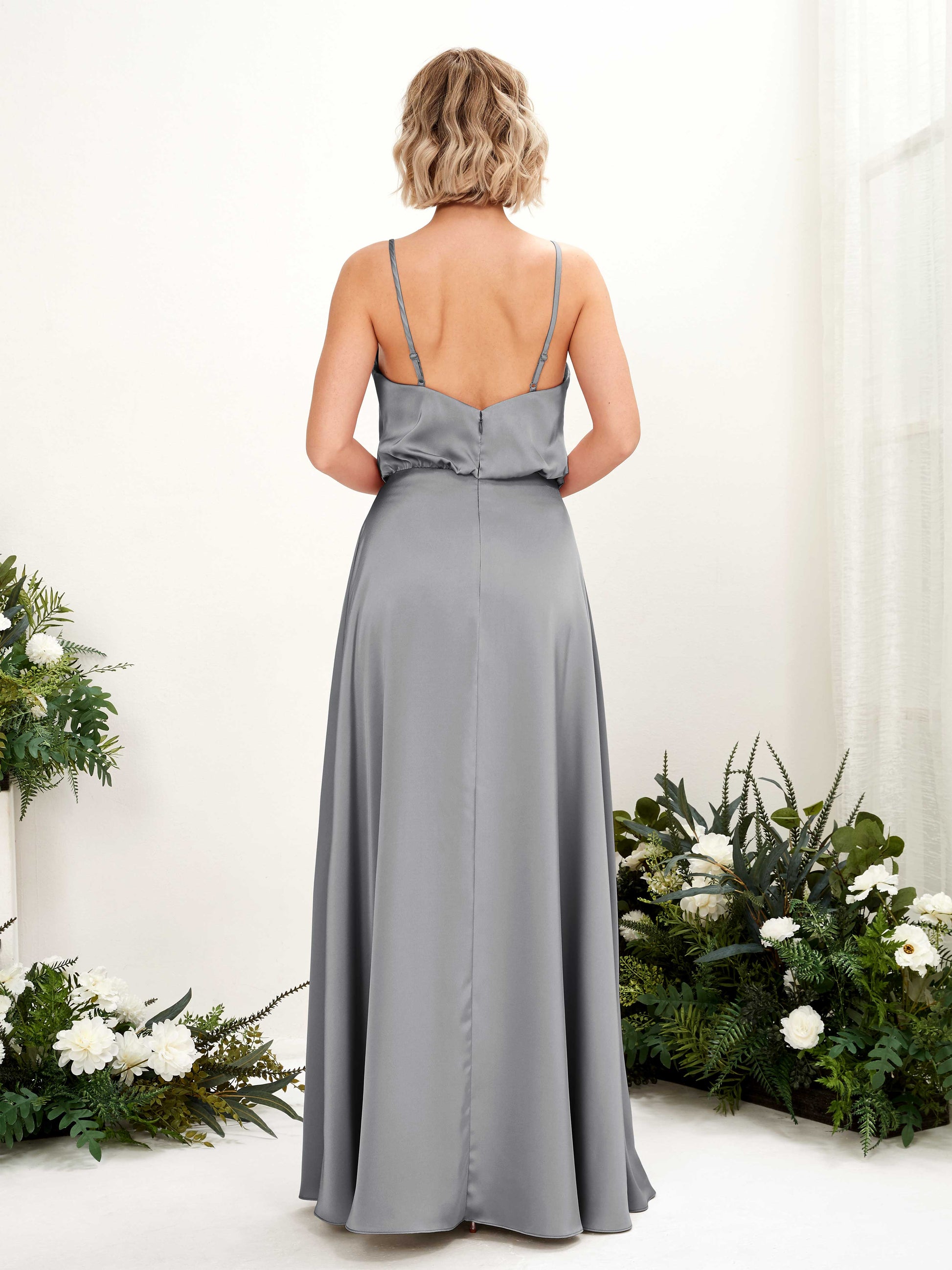 Nora Steel Gray Satin Sleeveless Maxi Dress