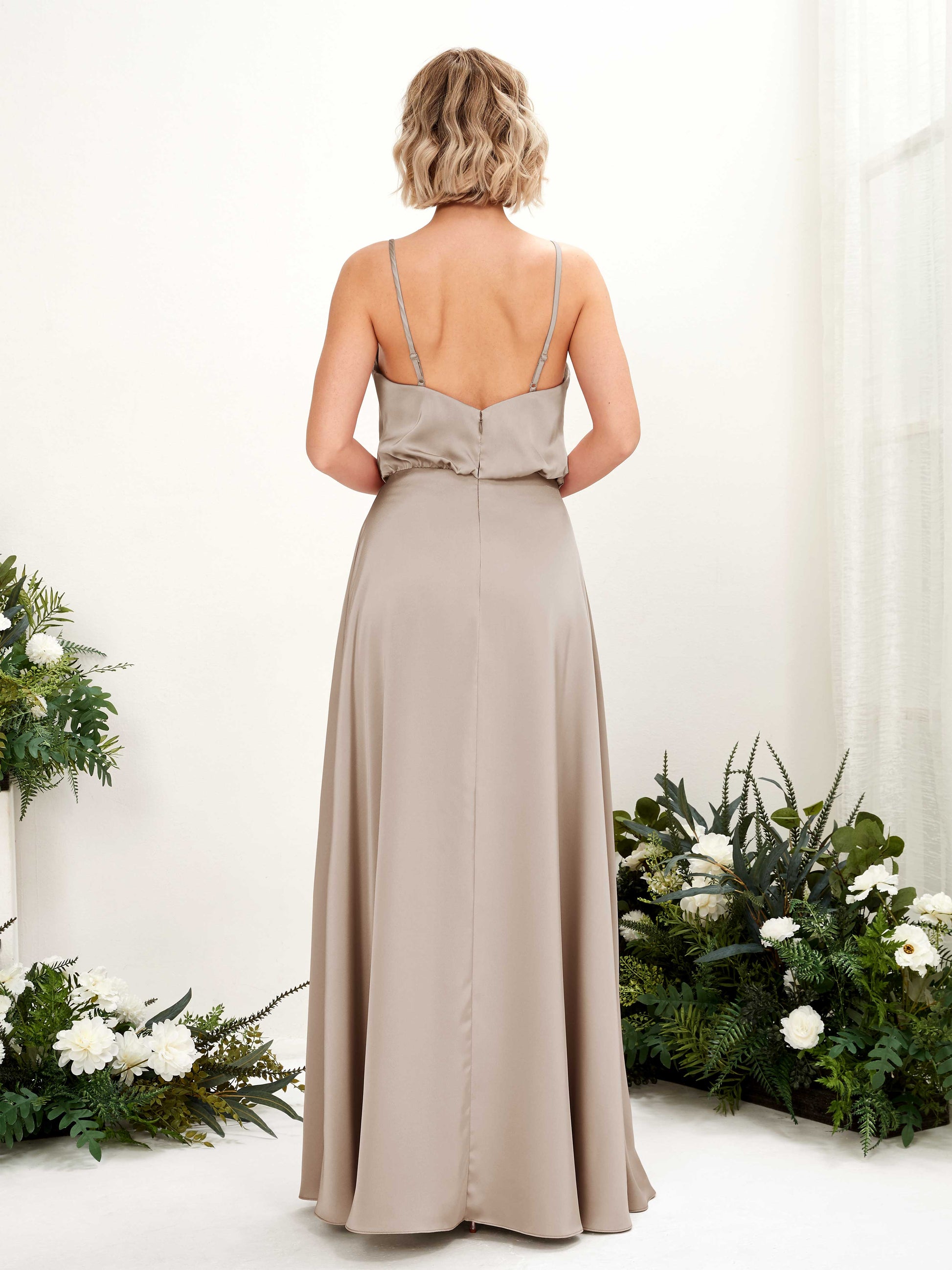 Nora Taupe Satin Sleeveless Maxi Dress