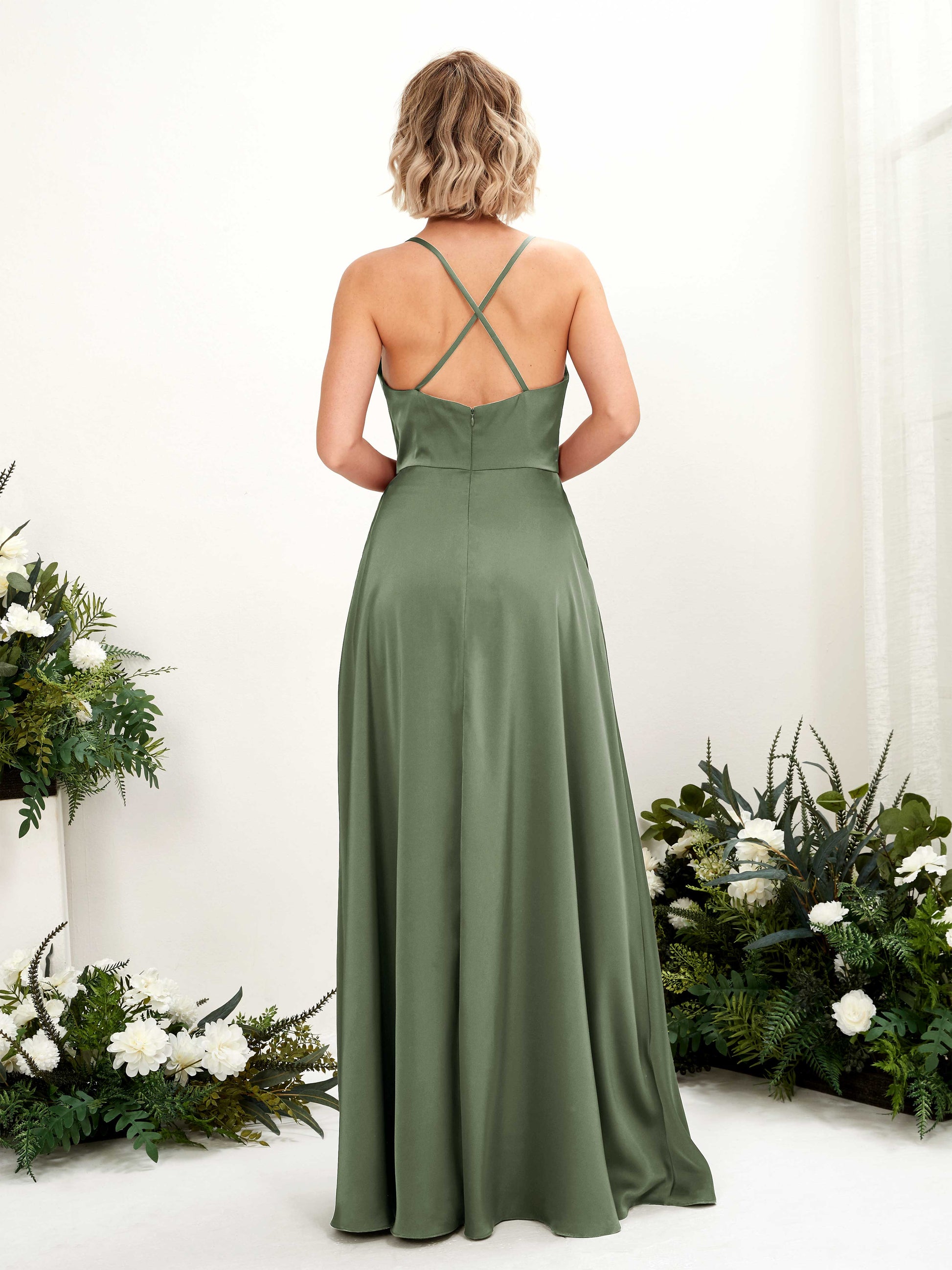 Nydia Green Olive Satin Sleeveless Maxi Dress