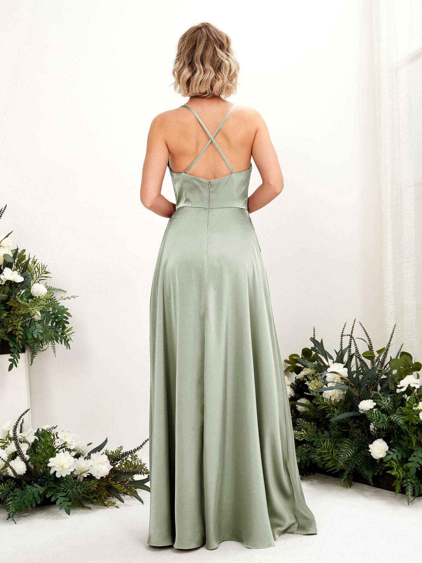 Nydia Sage Green Satin Sleeveless Maxi Dress