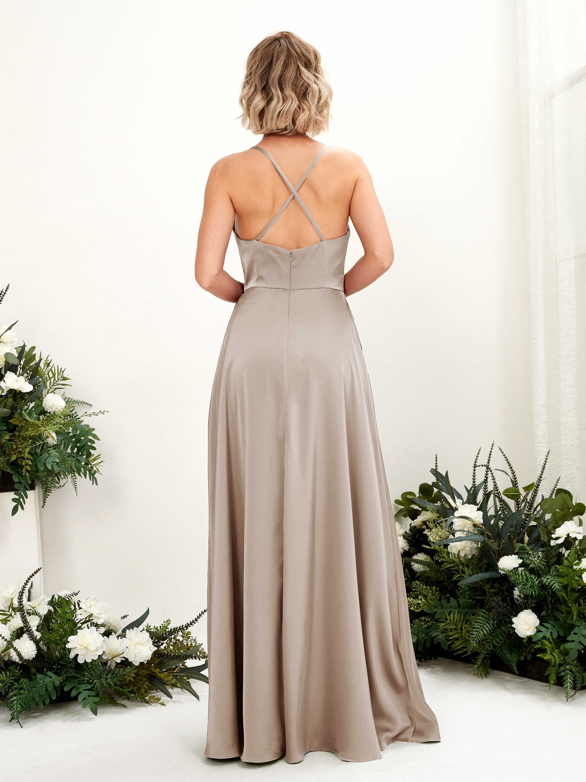 Nydia Taupe Satin Sleeveless Maxi Dress