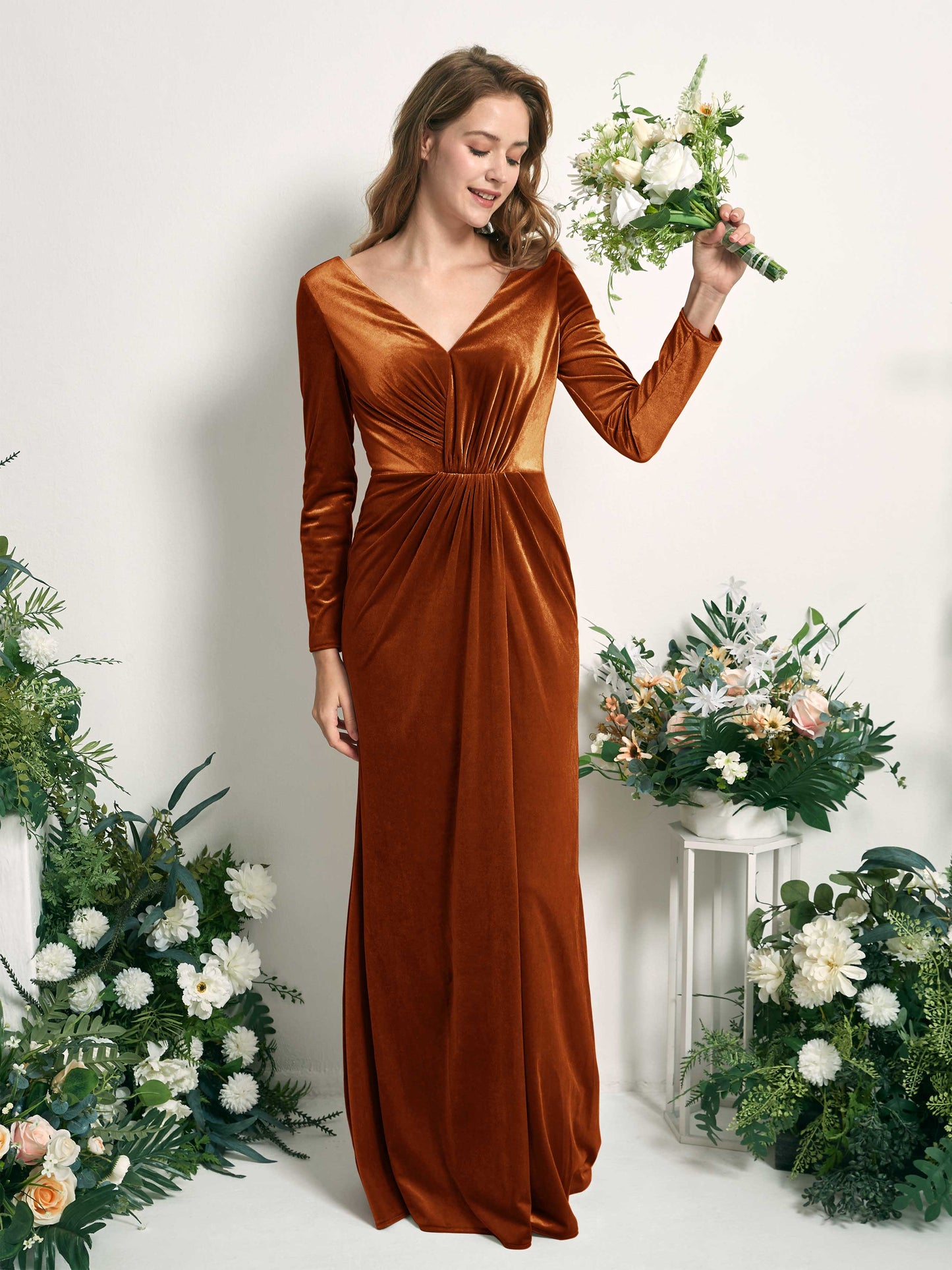 Ophelia Burant Orange Velvet Long Sleeve Maxi Dress