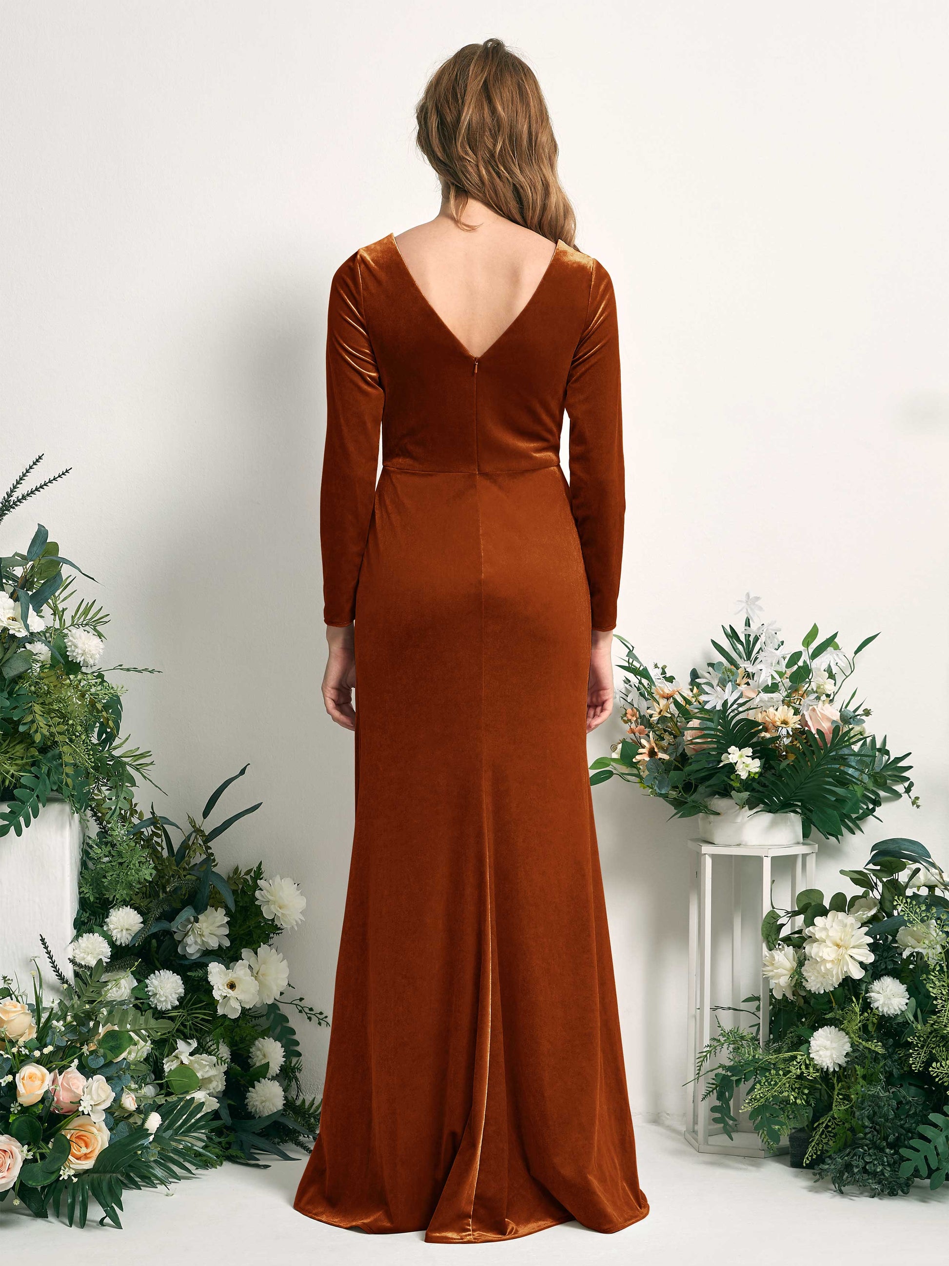 Ophelia Burant Orange Velvet Long Sleeve Maxi Dress