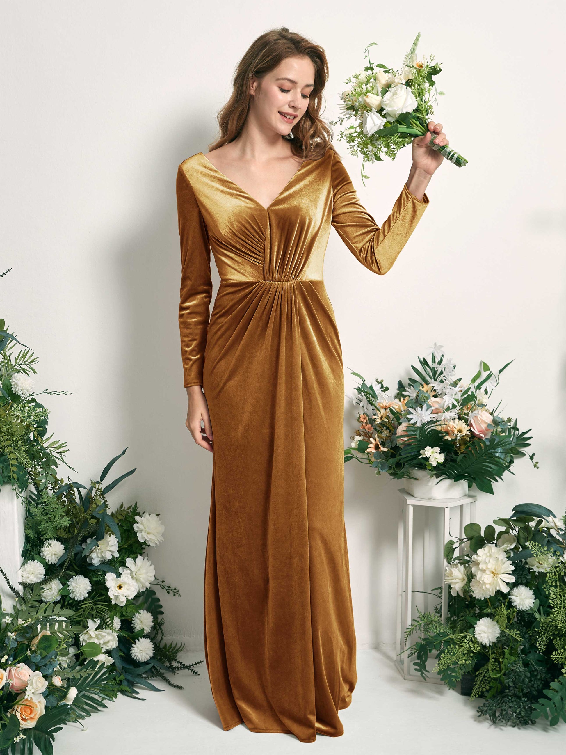 Ophelia Burnished Gold Velvet Long Sleeve Maxi Dress