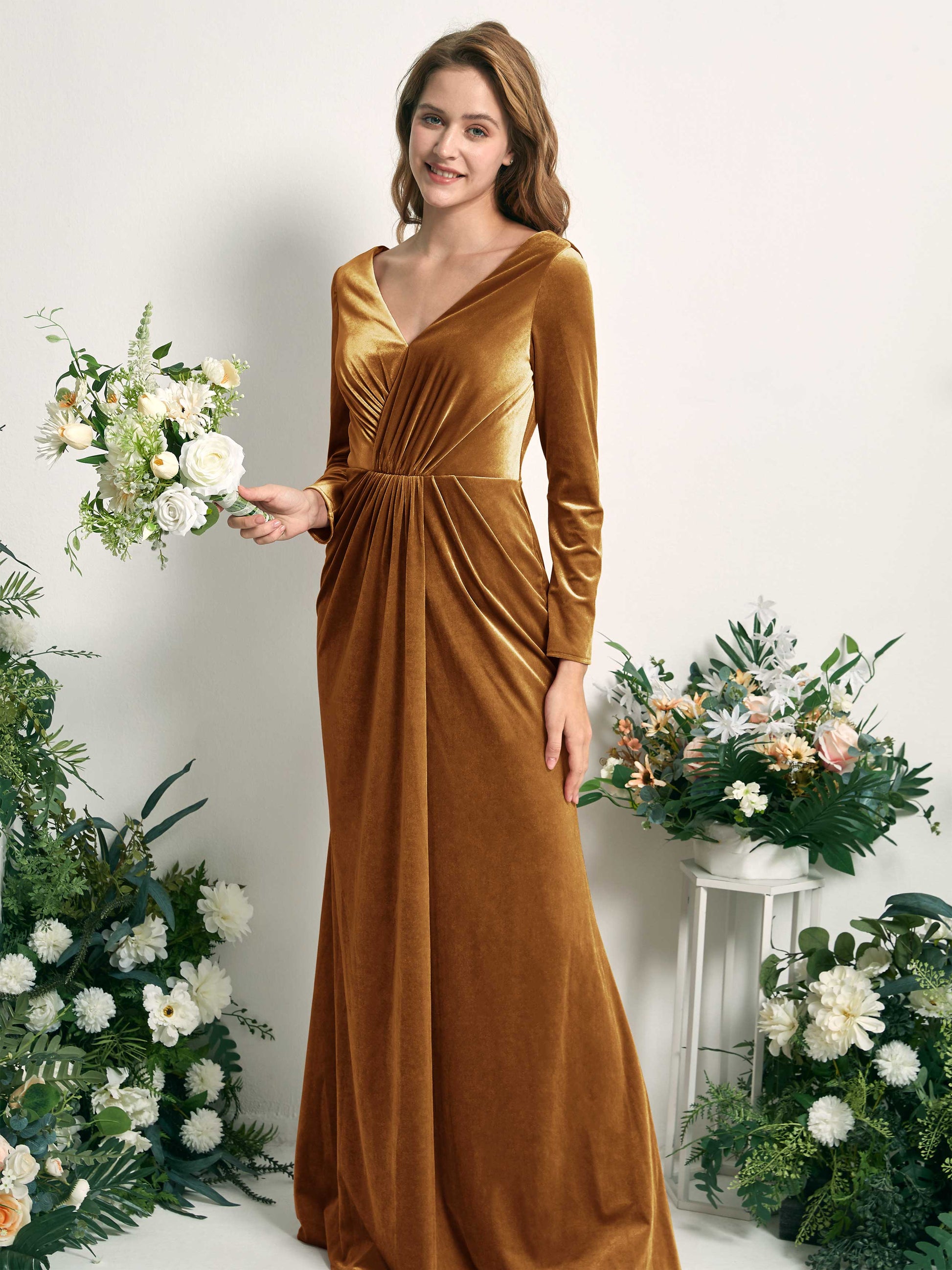 Ophelia Burnished Gold Velvet Long Sleeve Maxi Dress