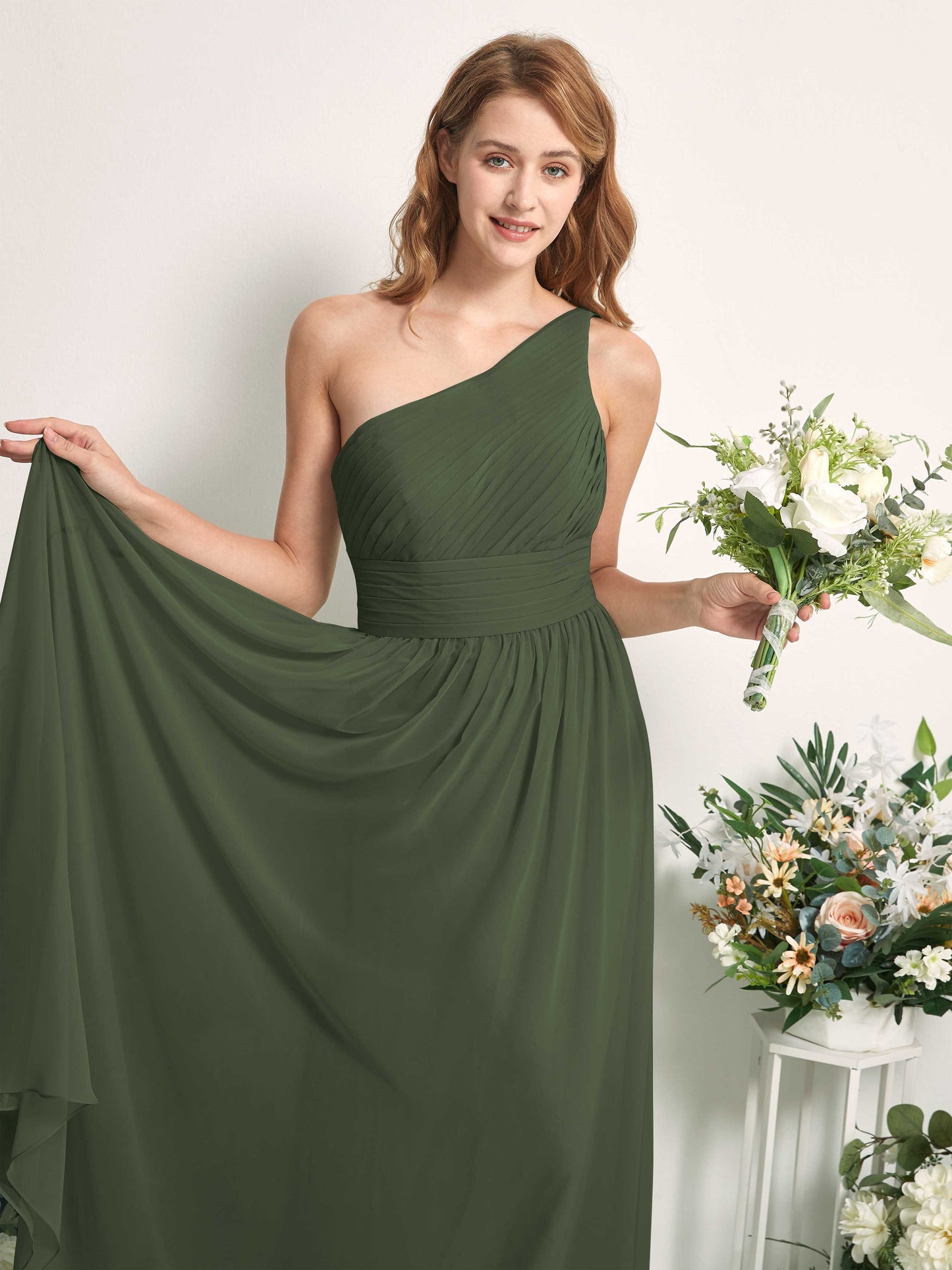 Pandora Martini Olive One Shoulder Maxi Dress