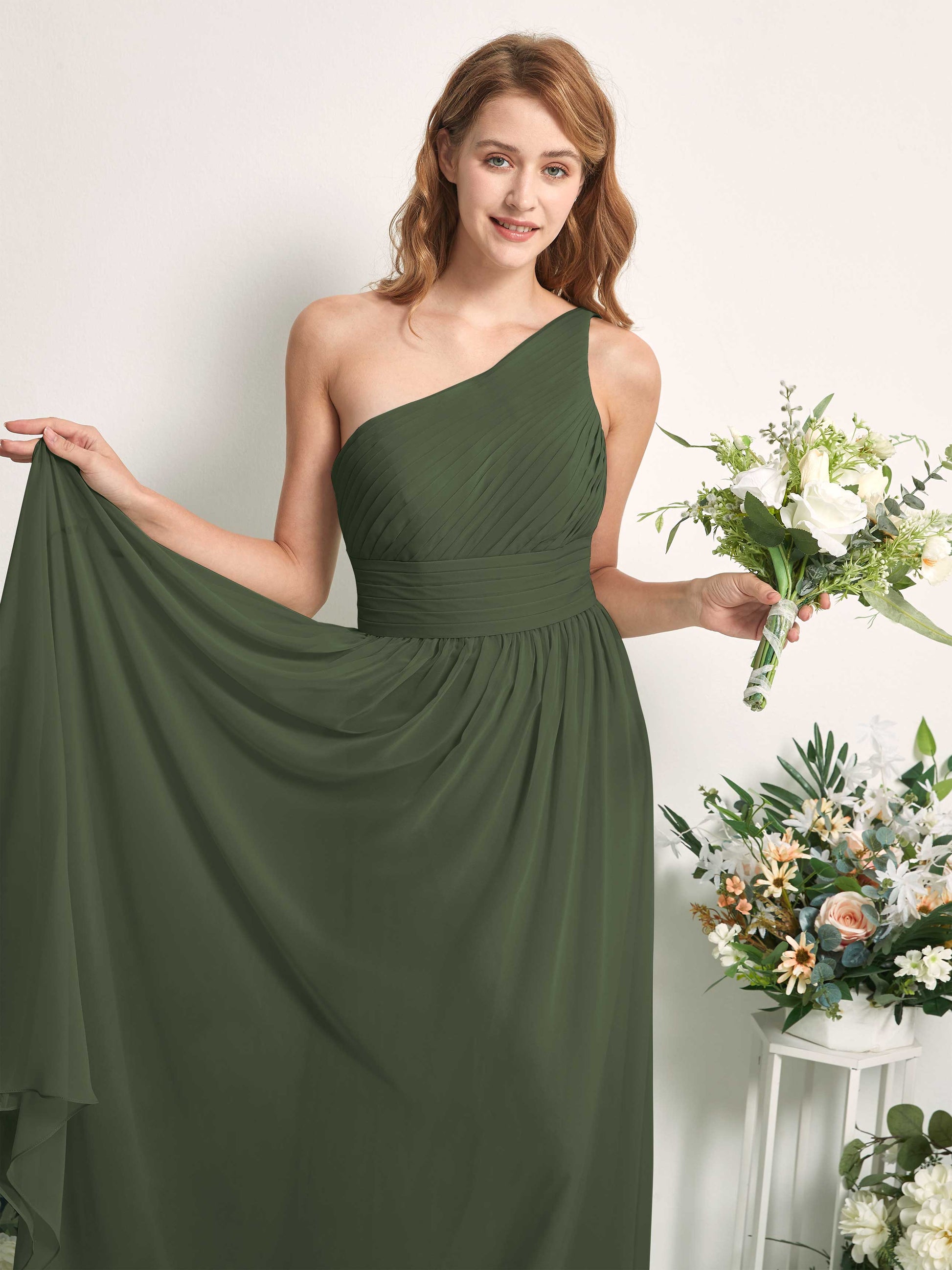 Pandora Martini Olive One Shoulder Maxi Dress