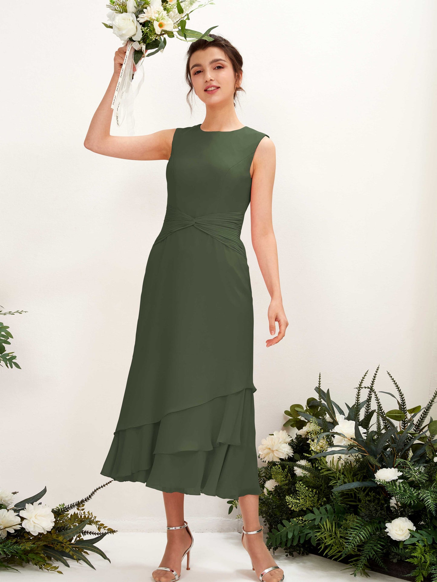 Raina Martini Olive Sleeveless Midi Dress