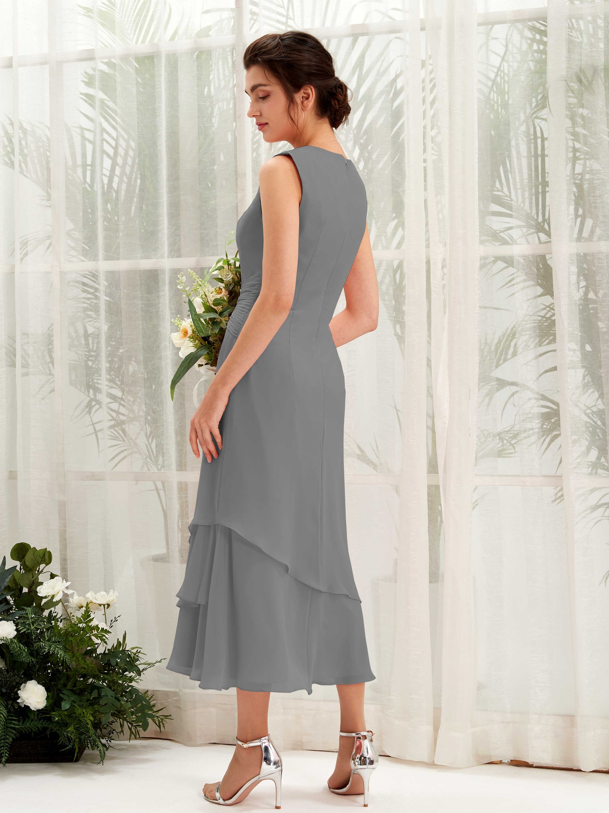 Raina Steel Gray Sleeveless Midi Dress