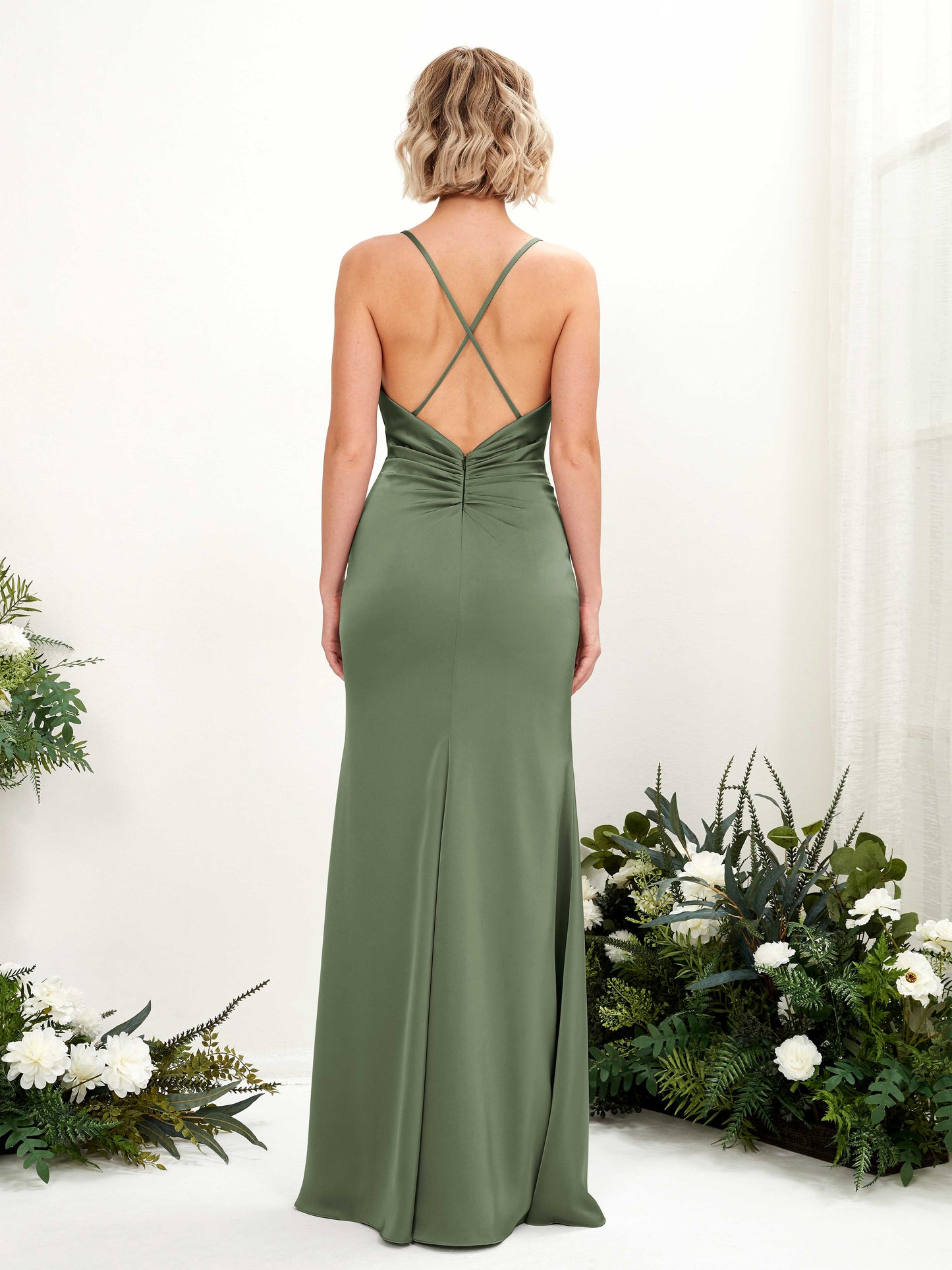 Regina Green Olive Satin Sleeveless Maxi Dress