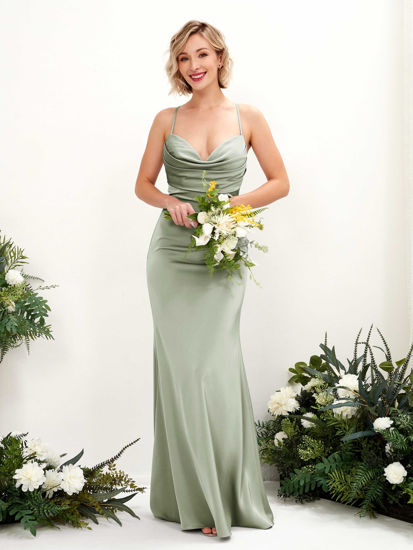 Regina Sage Green Satin Sleeveless Maxi Dress