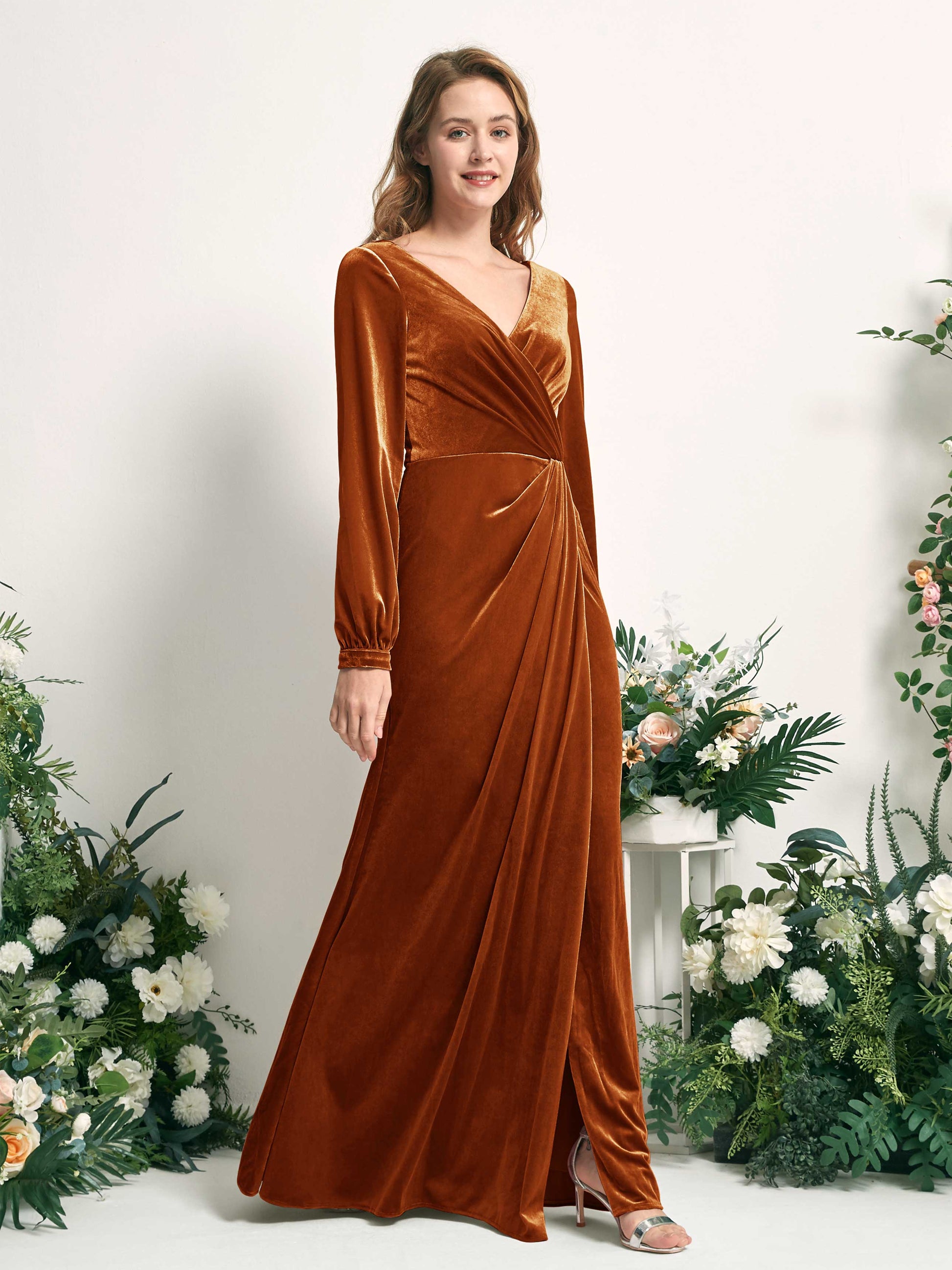 Renata Burant Orange Velvet Long Sleeve Maxi Dress