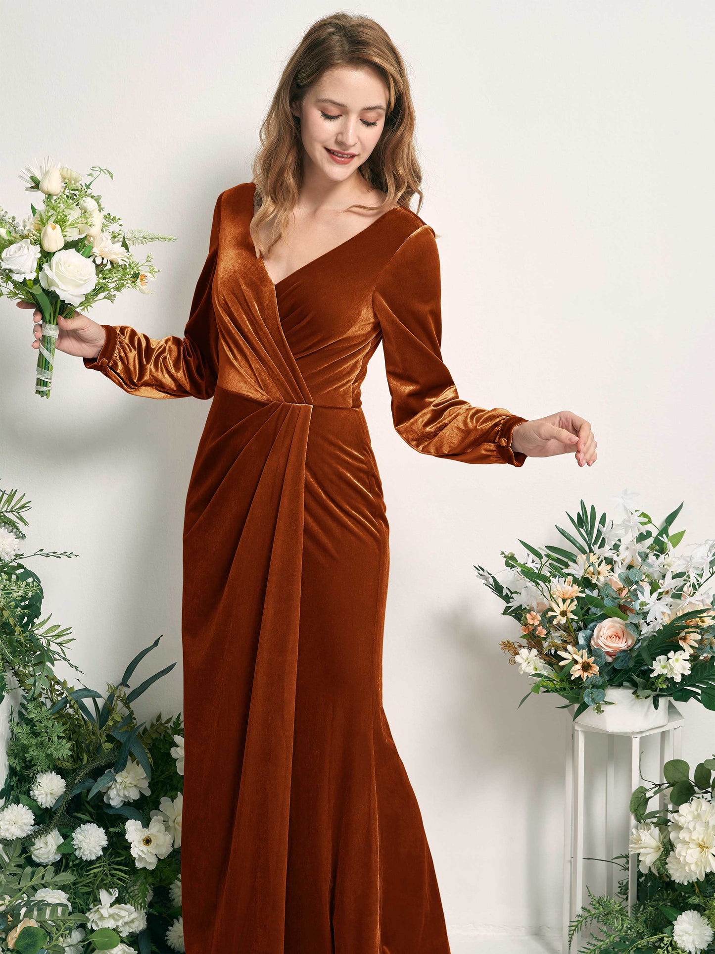 Renata Burant Orange Velvet Long Sleeve Maxi Dress