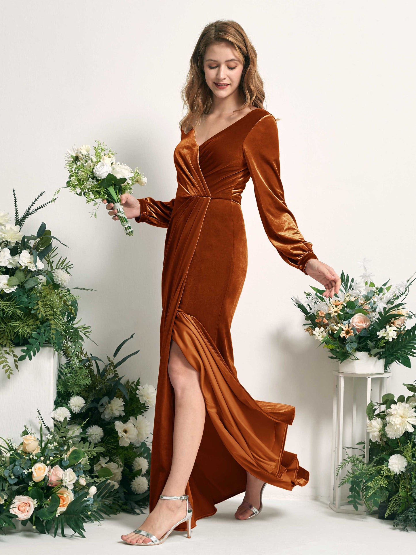 Renata Burant Orange Velvet Long Sleeve Maxi Dress