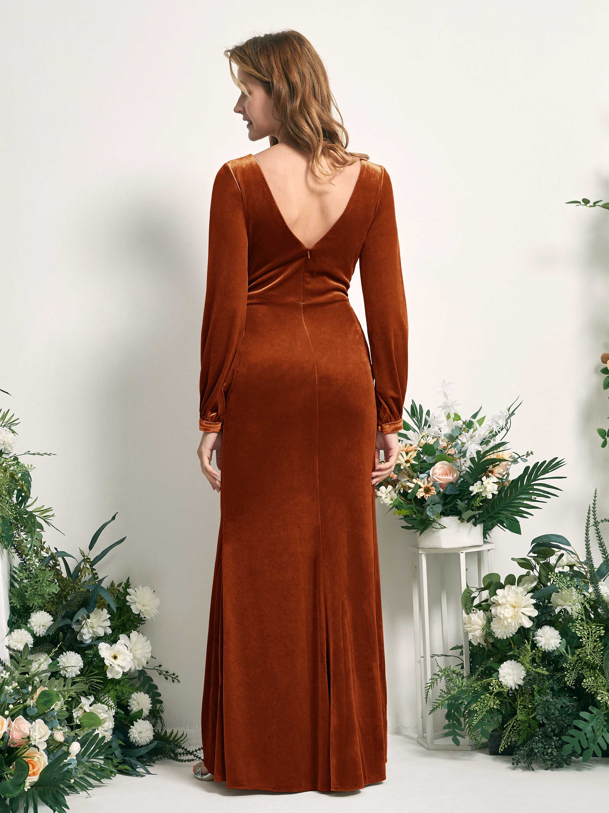 Renata Burant Orange Velvet Long Sleeve Maxi Dress