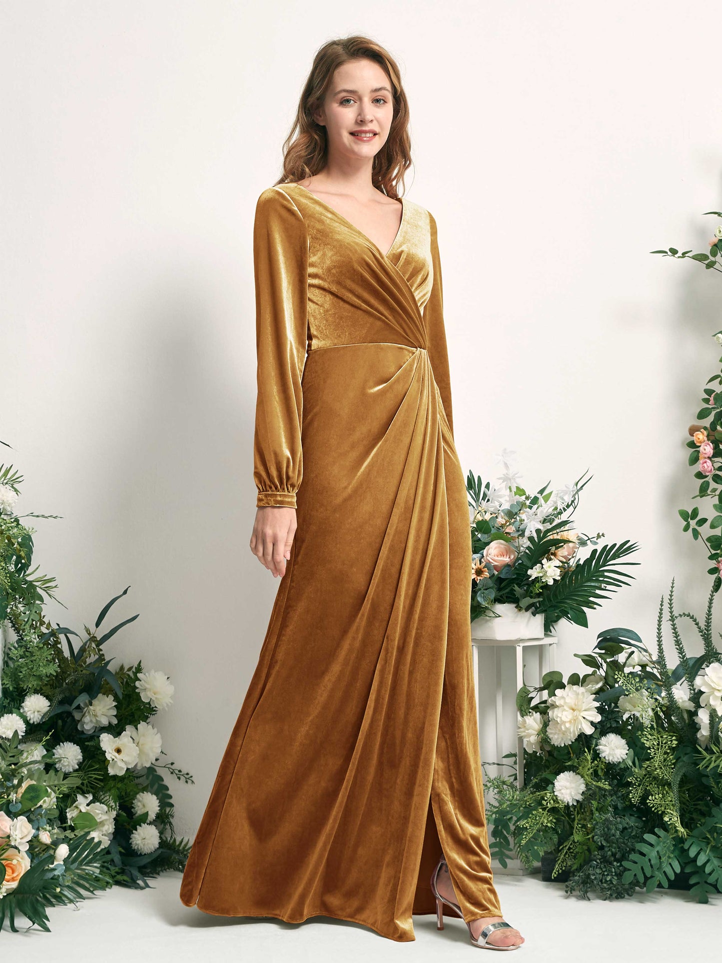 Renata Burnished Gold Velvet Long Sleeve Maxi Dress