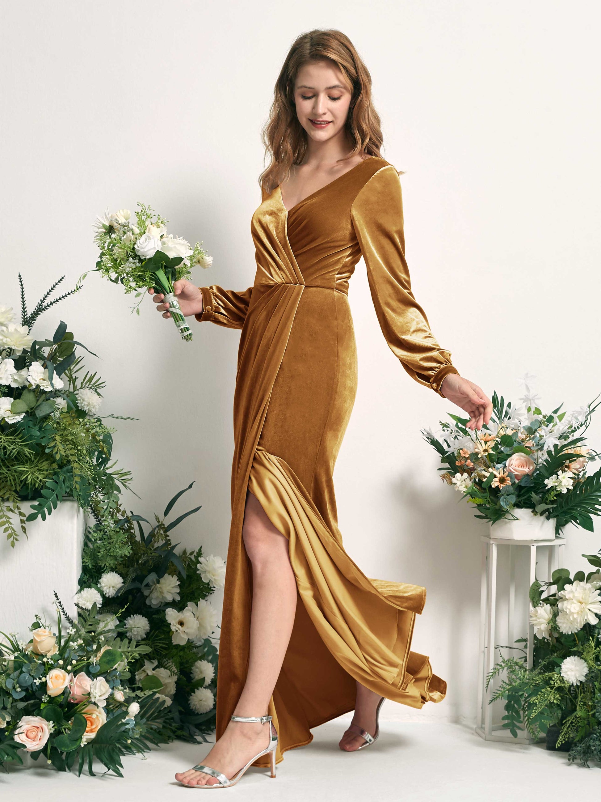 Renata Burnished Gold Velvet Long Sleeve Maxi Dress