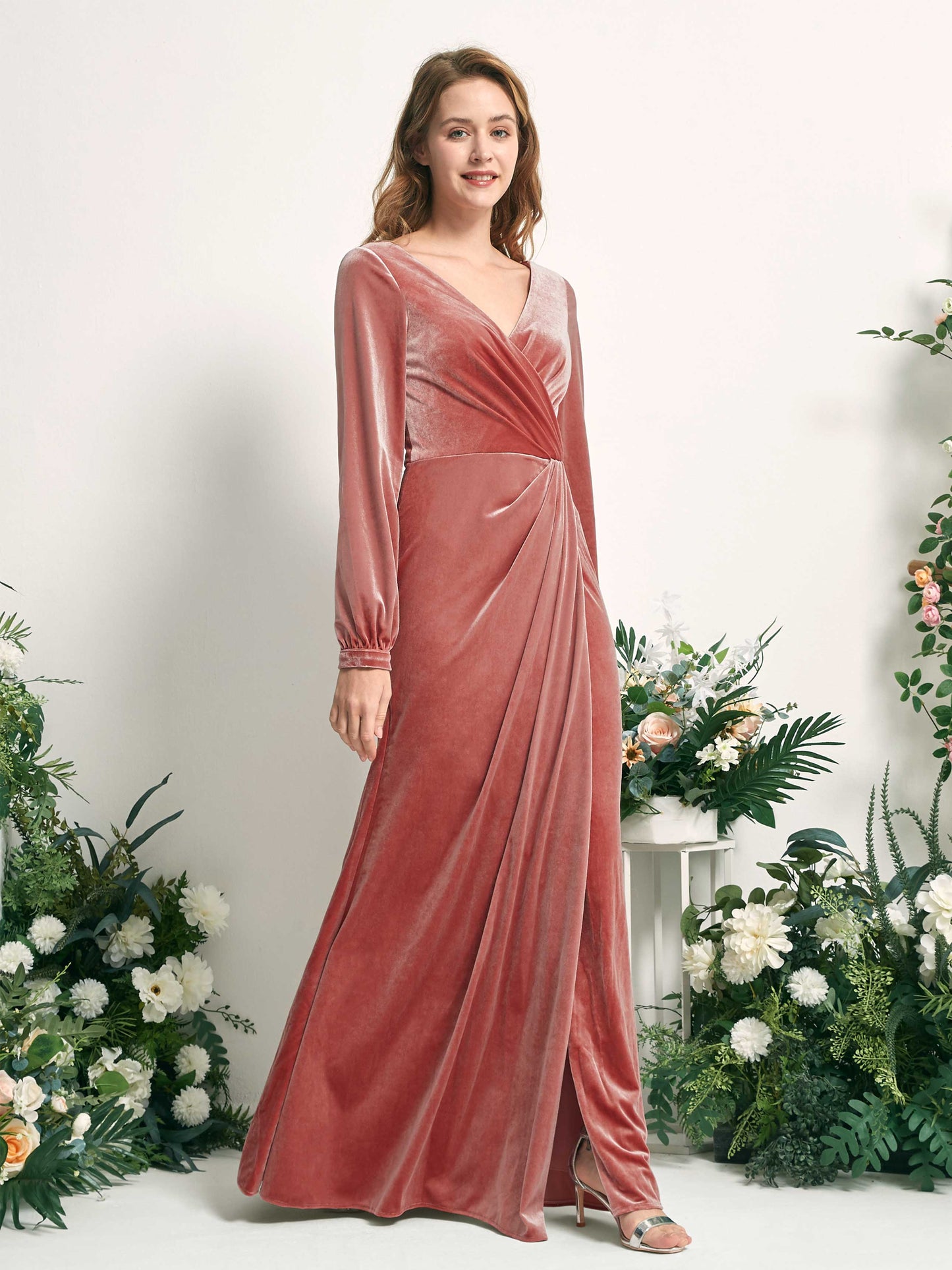 Renata Dusty Rose Velvet Long Sleeve Maxi Dress