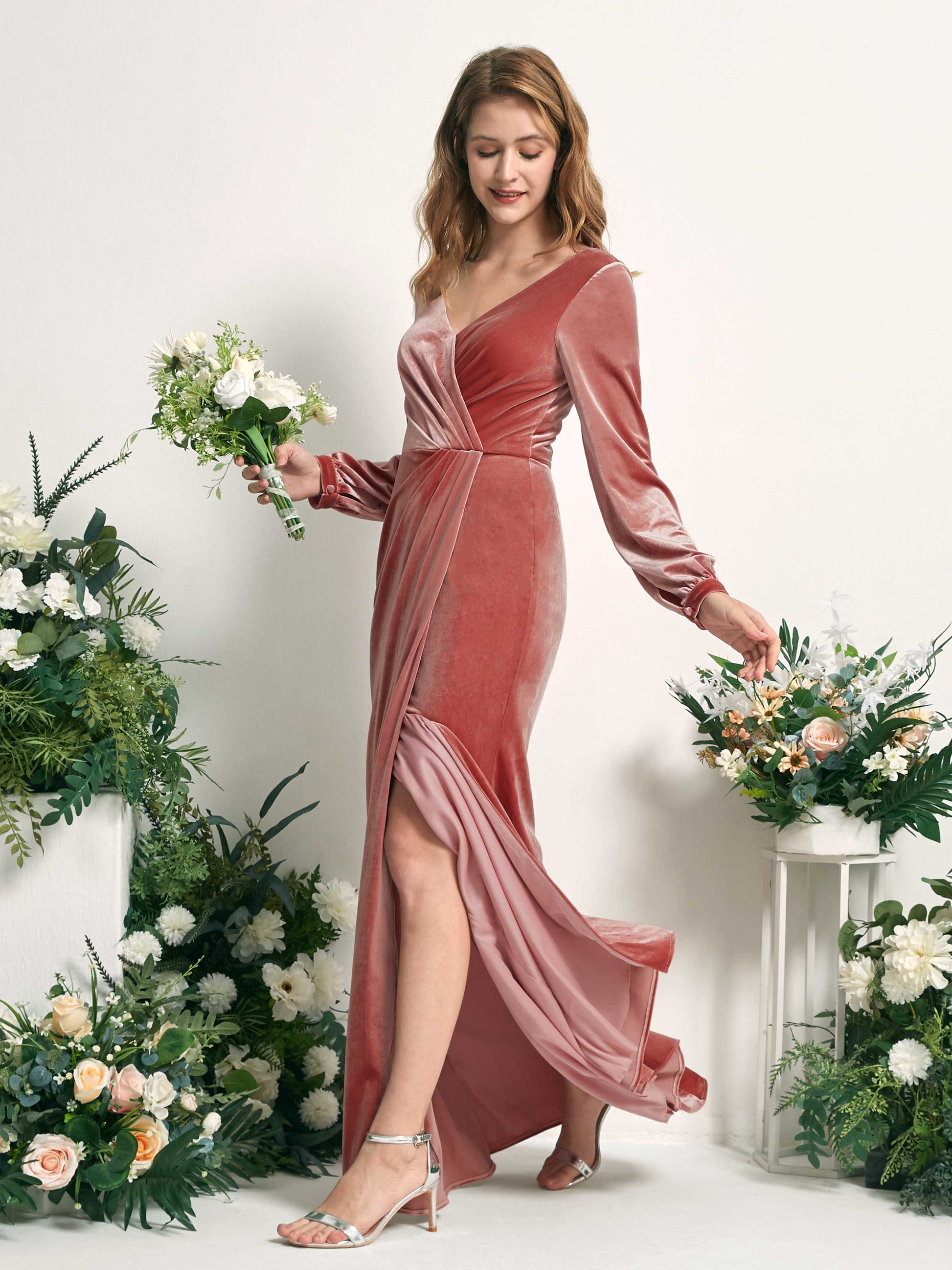 Renata Dusty Rose Velvet Long Sleeve Maxi Dress