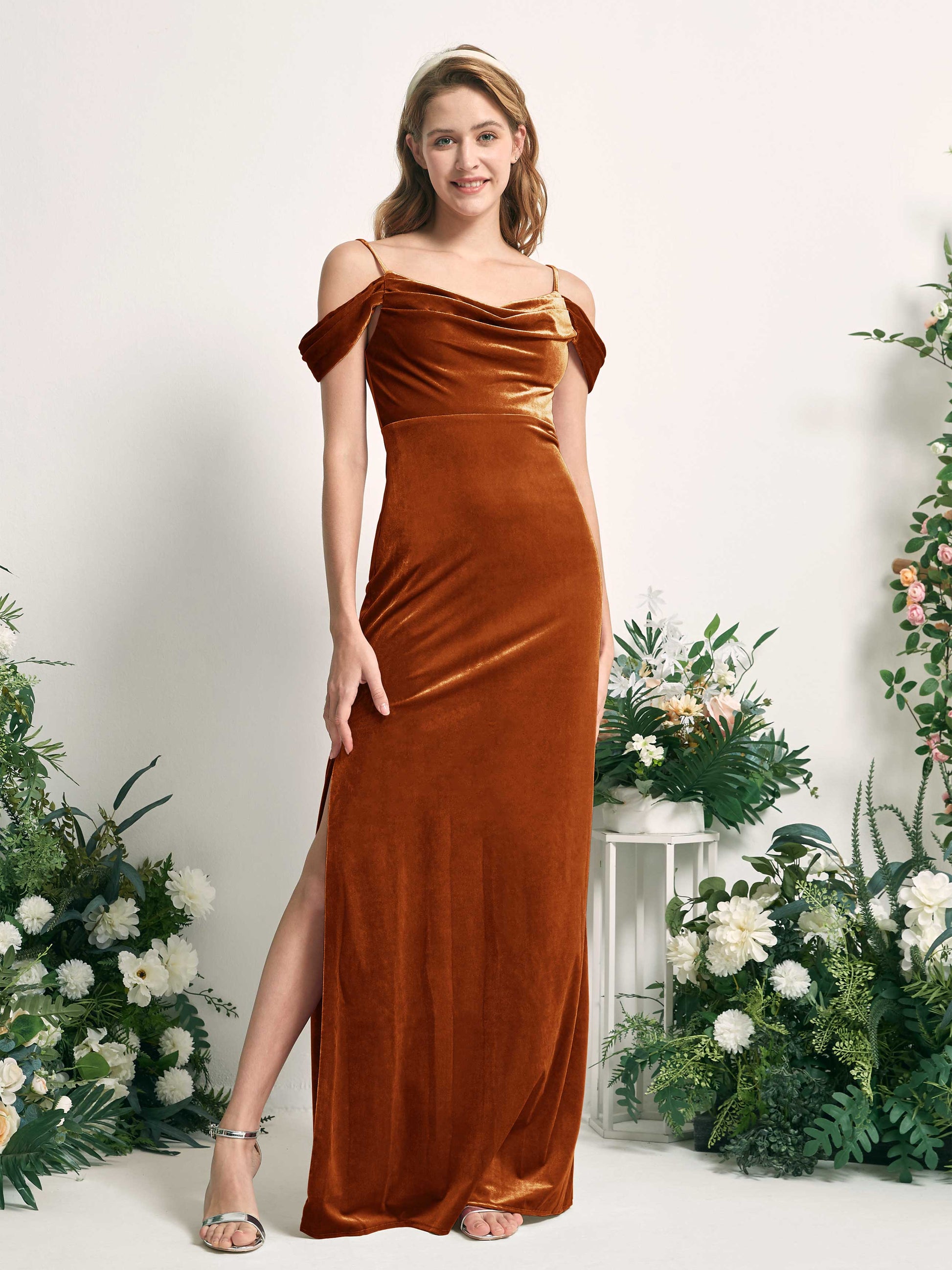 Salome Burant Orange Velvet Sleeveless Maxi Dress