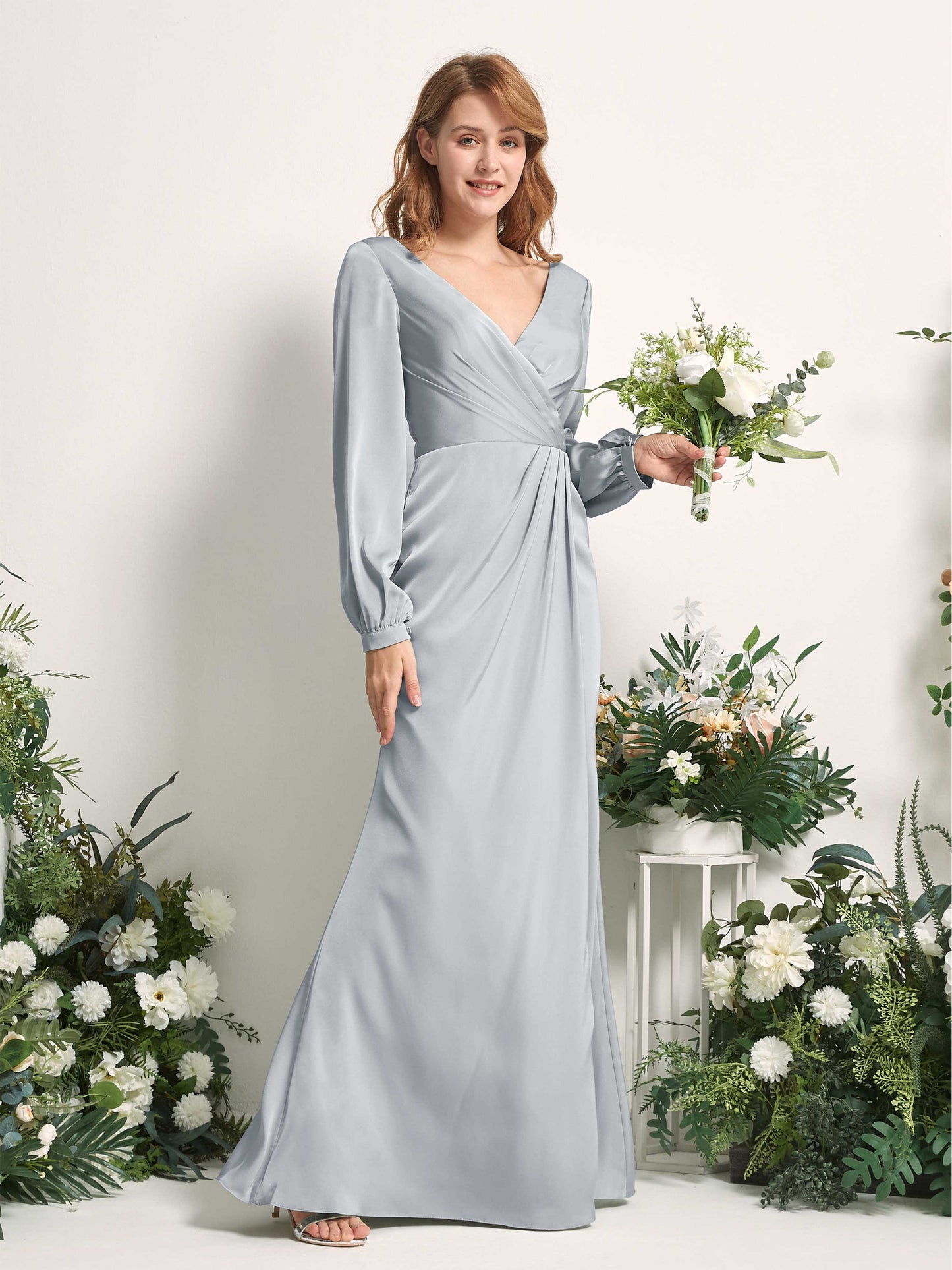 Taylor Baby Blue Satin Long Sleeve Maxi Dress