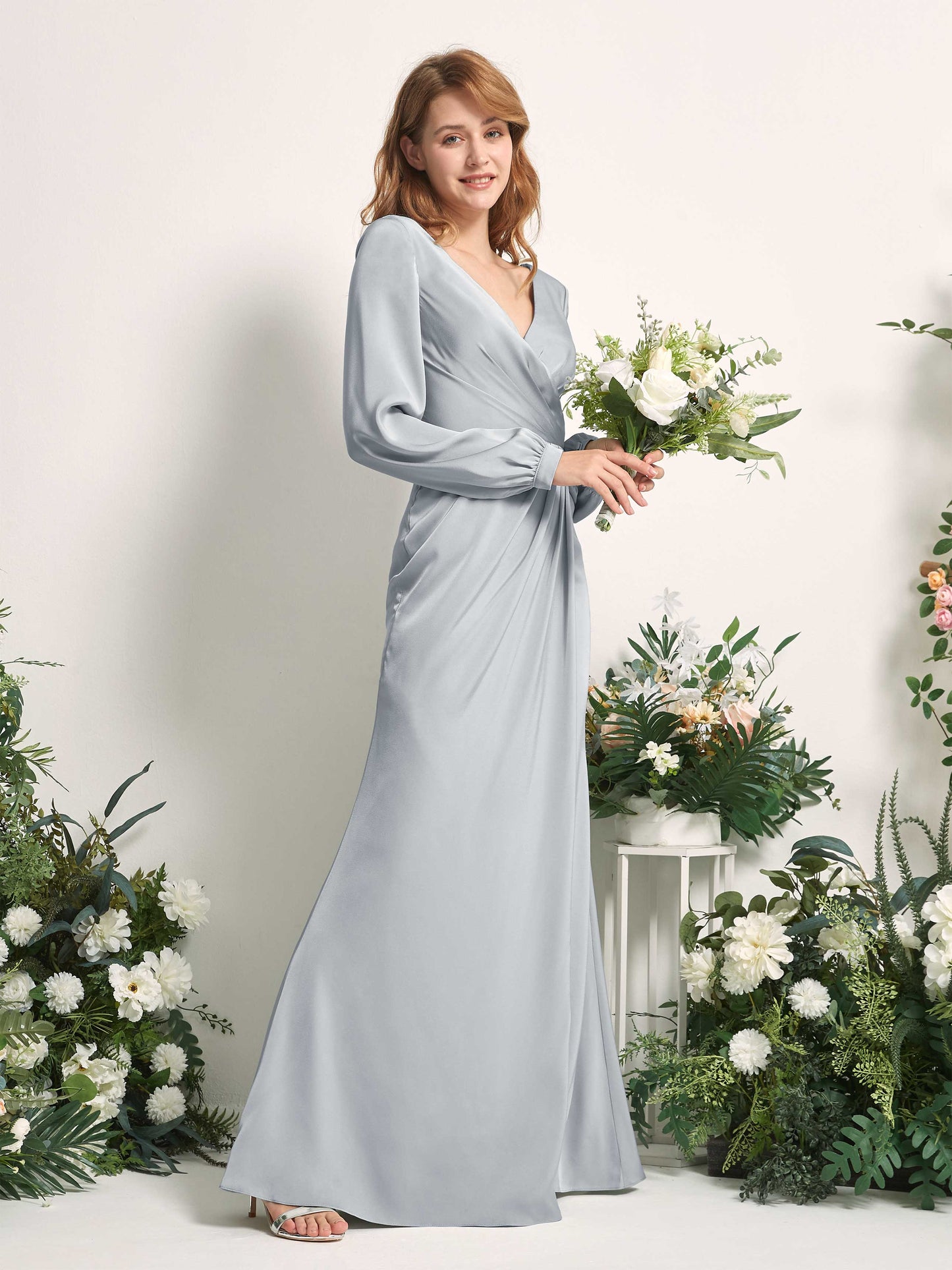 Taylor Baby Blue Satin Long Sleeve Maxi Dress