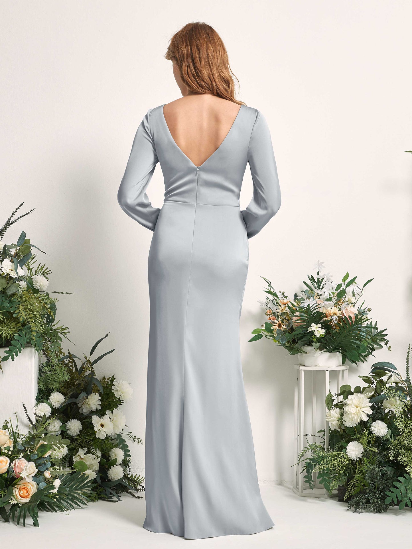 Taylor Baby Blue Satin Long Sleeve Maxi Dress