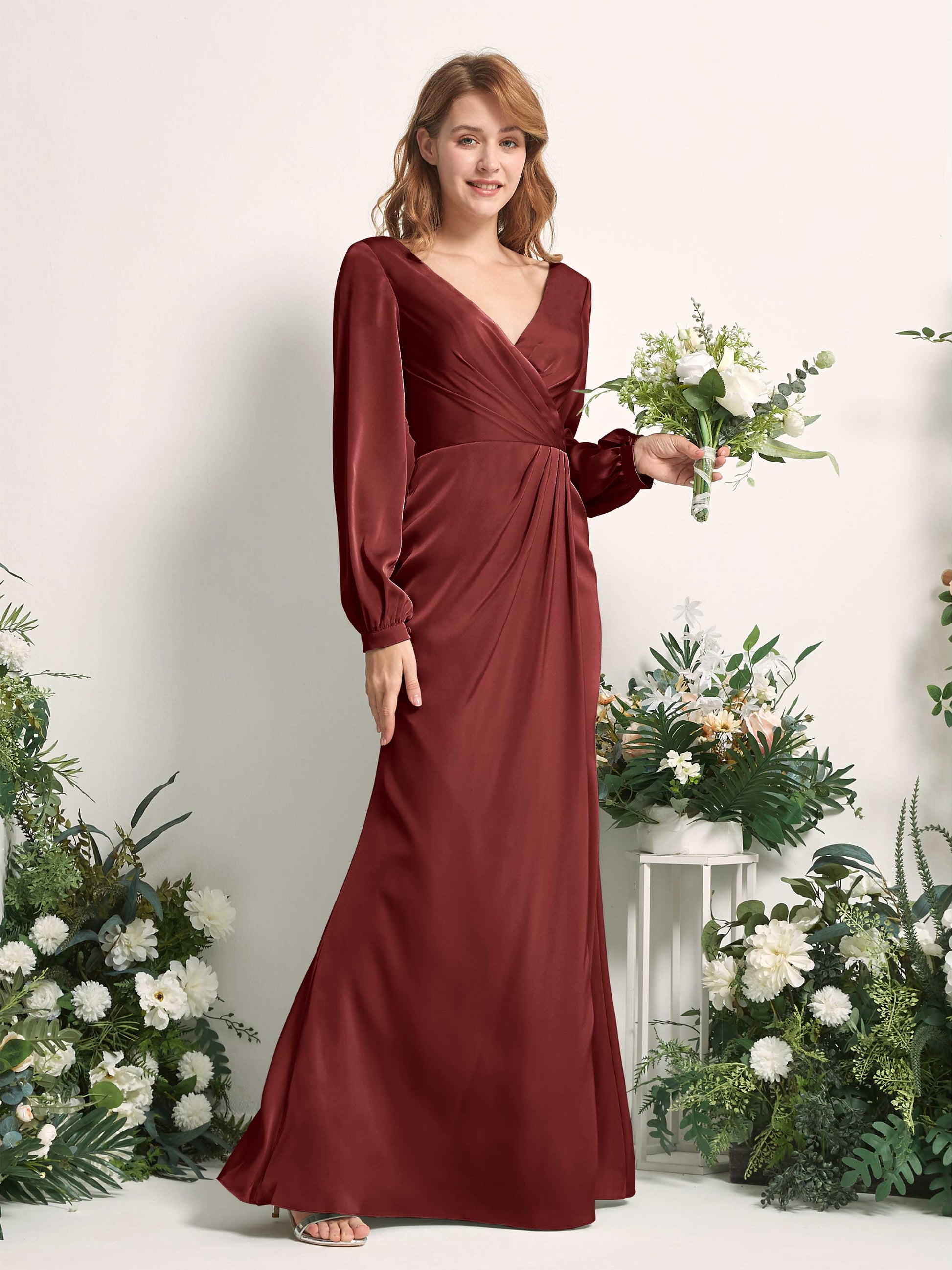 Taylor Burgundy Satin Long Sleeve Maxi Dress