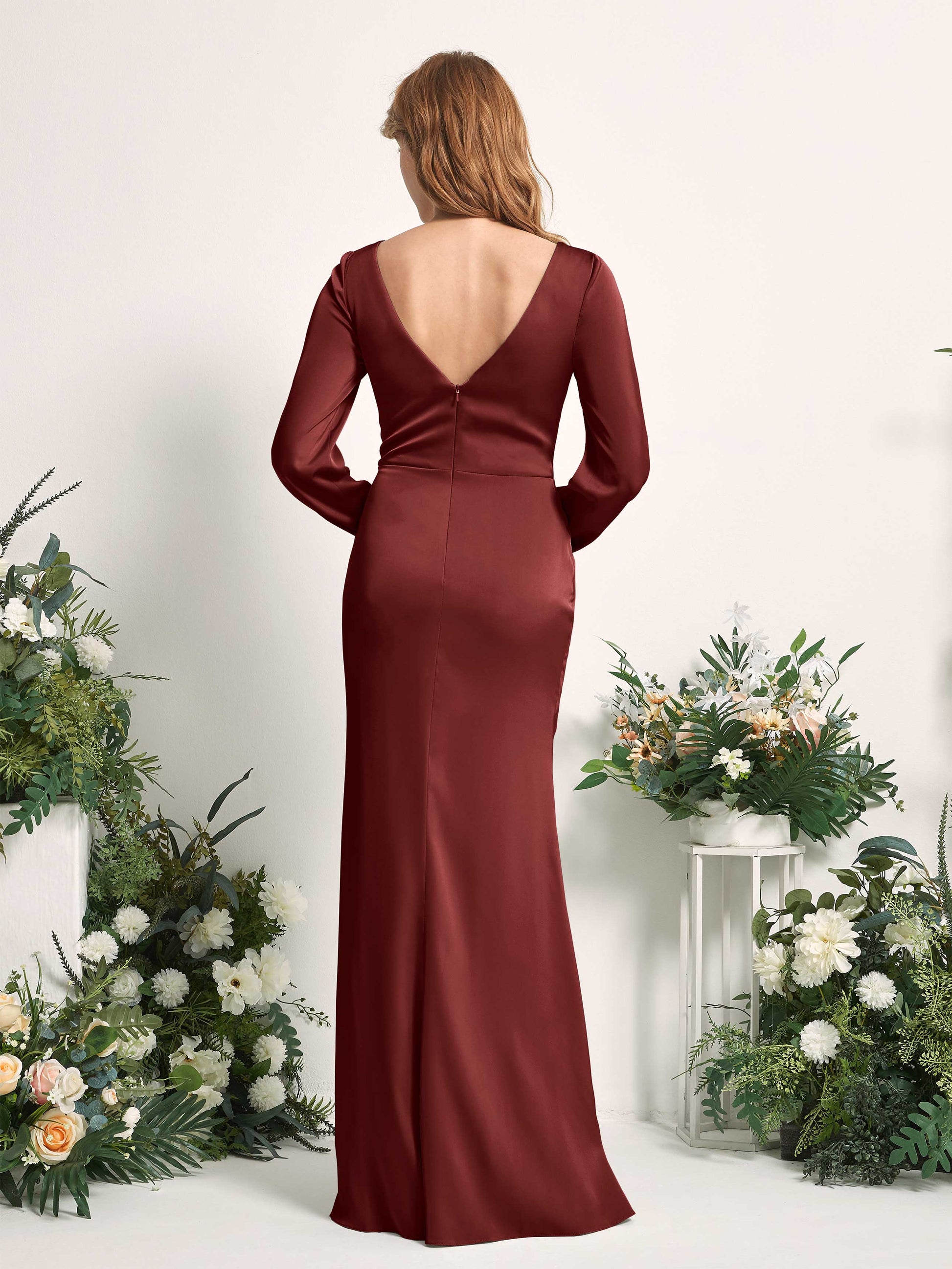 Taylor Burgundy Satin Long Sleeve Maxi Dress