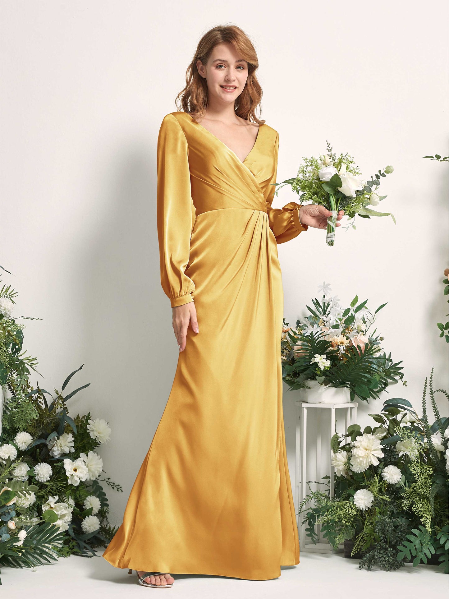 Taylor Canary Satin Long Sleeve Maxi Dress