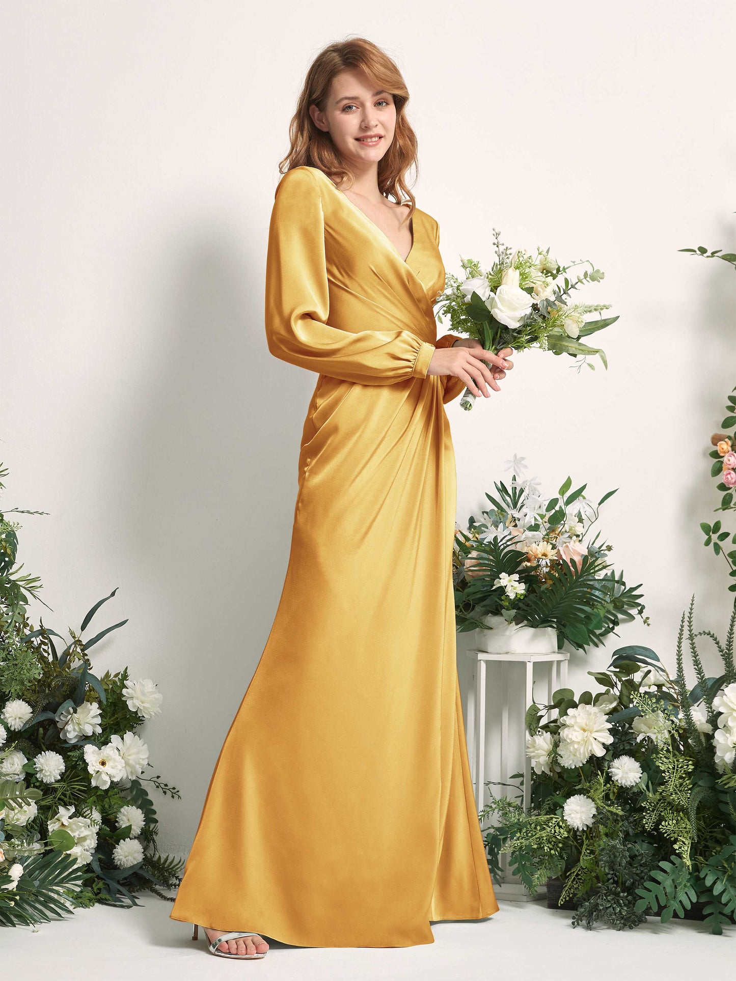 Taylor Canary Satin Long Sleeve Maxi Dress