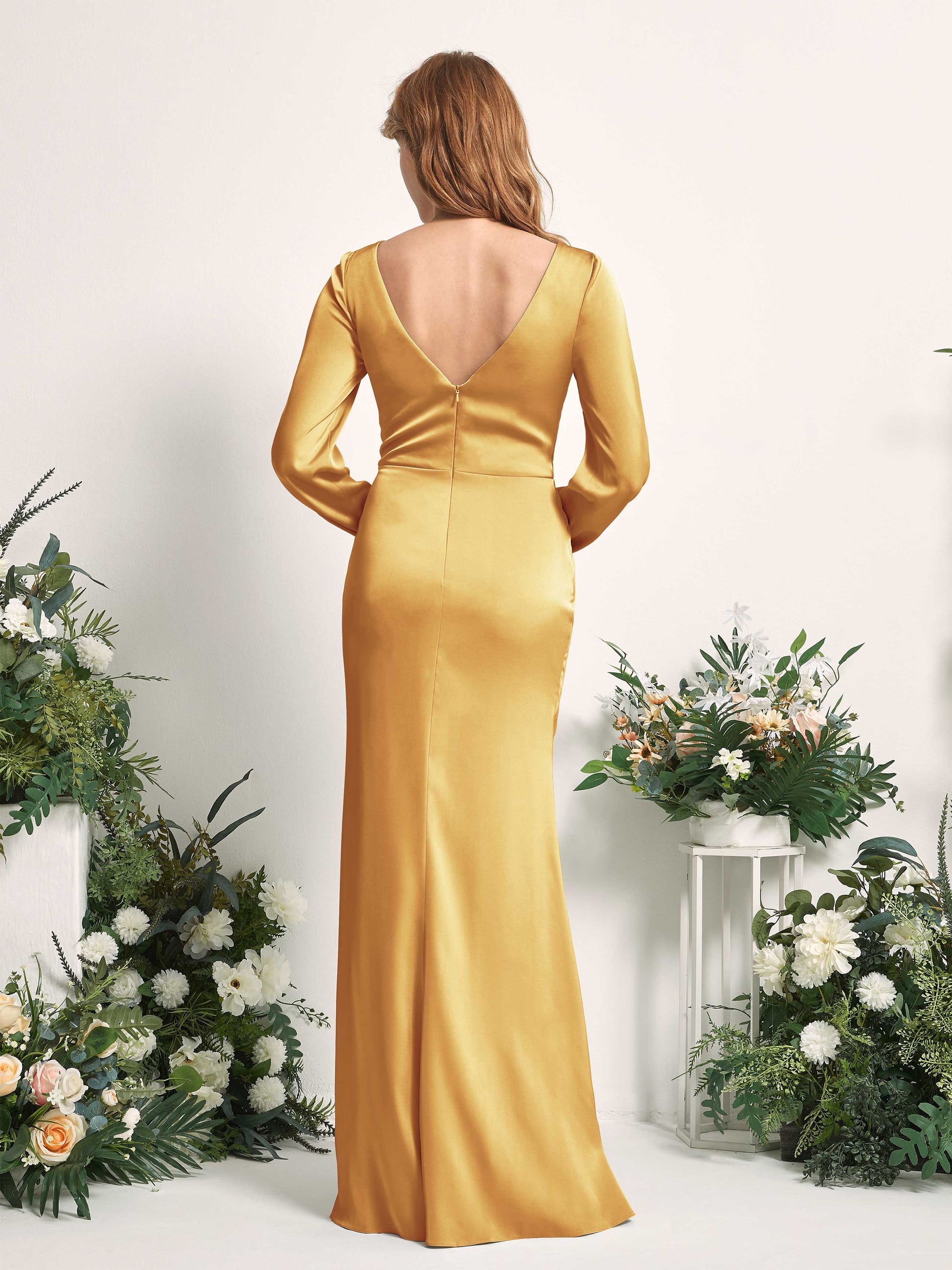 Taylor Canary Satin Long Sleeve Maxi Dress