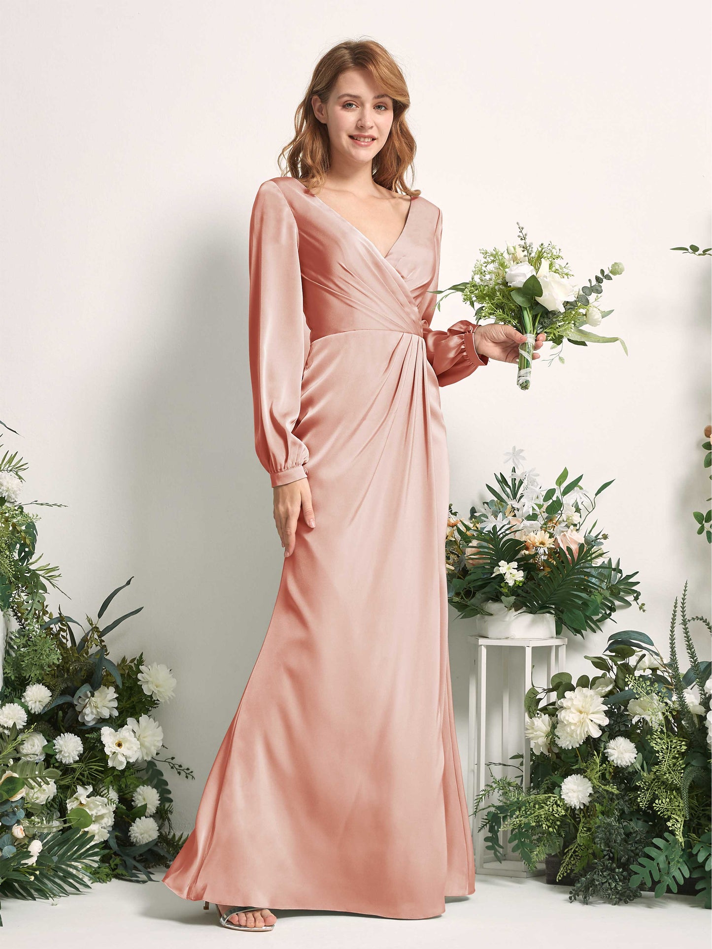 Taylor Cantaloupe Satin Long Sleeve Maxi Dress