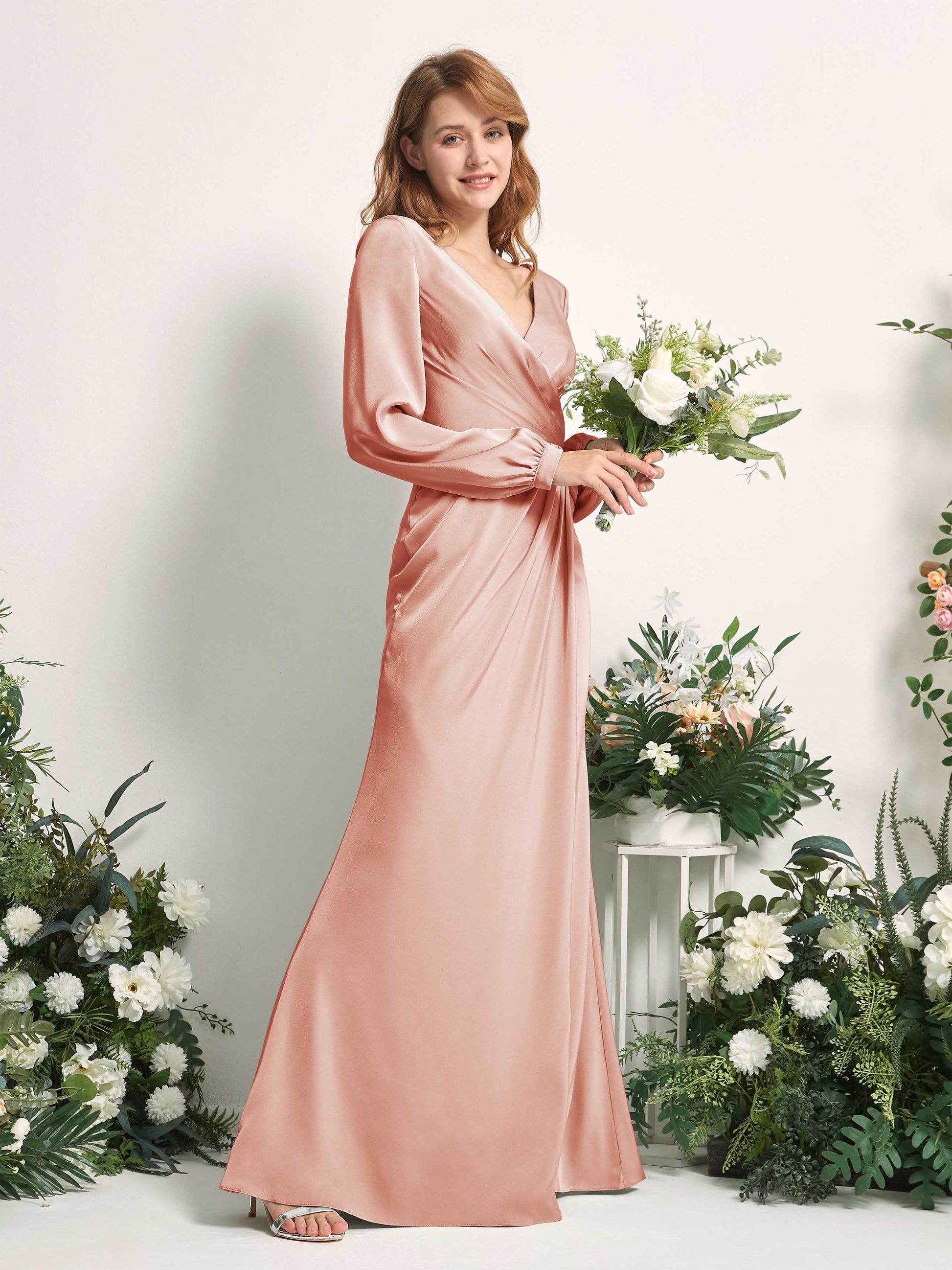 Taylor Cantaloupe Satin Long Sleeve Maxi Dress