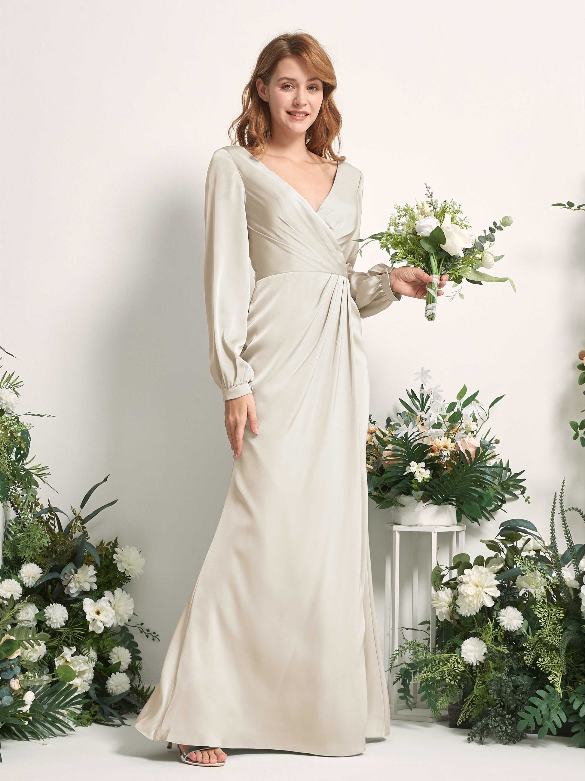 Taylor Champagne Satin Long Sleeve Maxi Dress