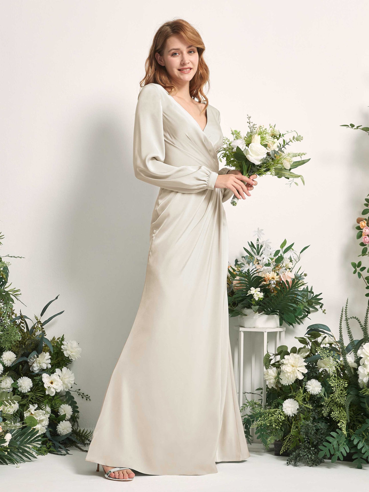 Taylor Champagne Satin Long Sleeve Maxi Dress