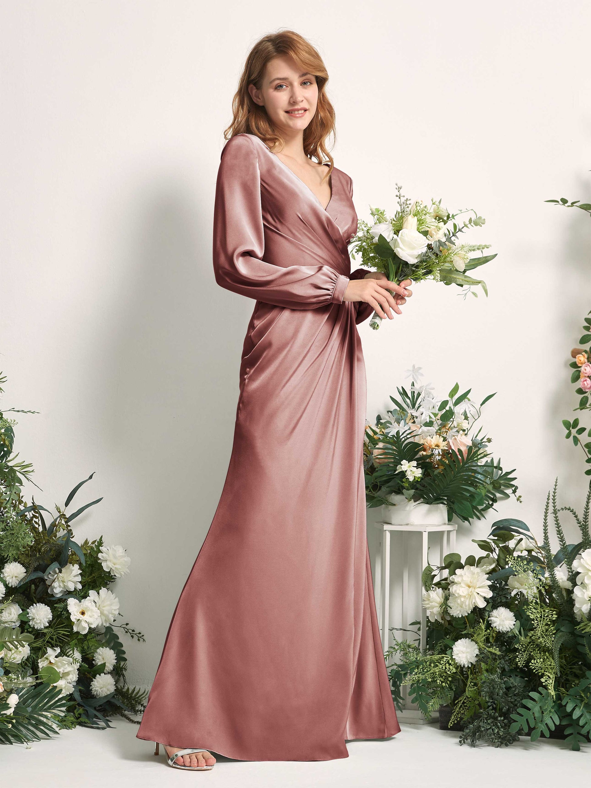 Taylor Desert Rose Satin Long Sleeve Maxi Dress