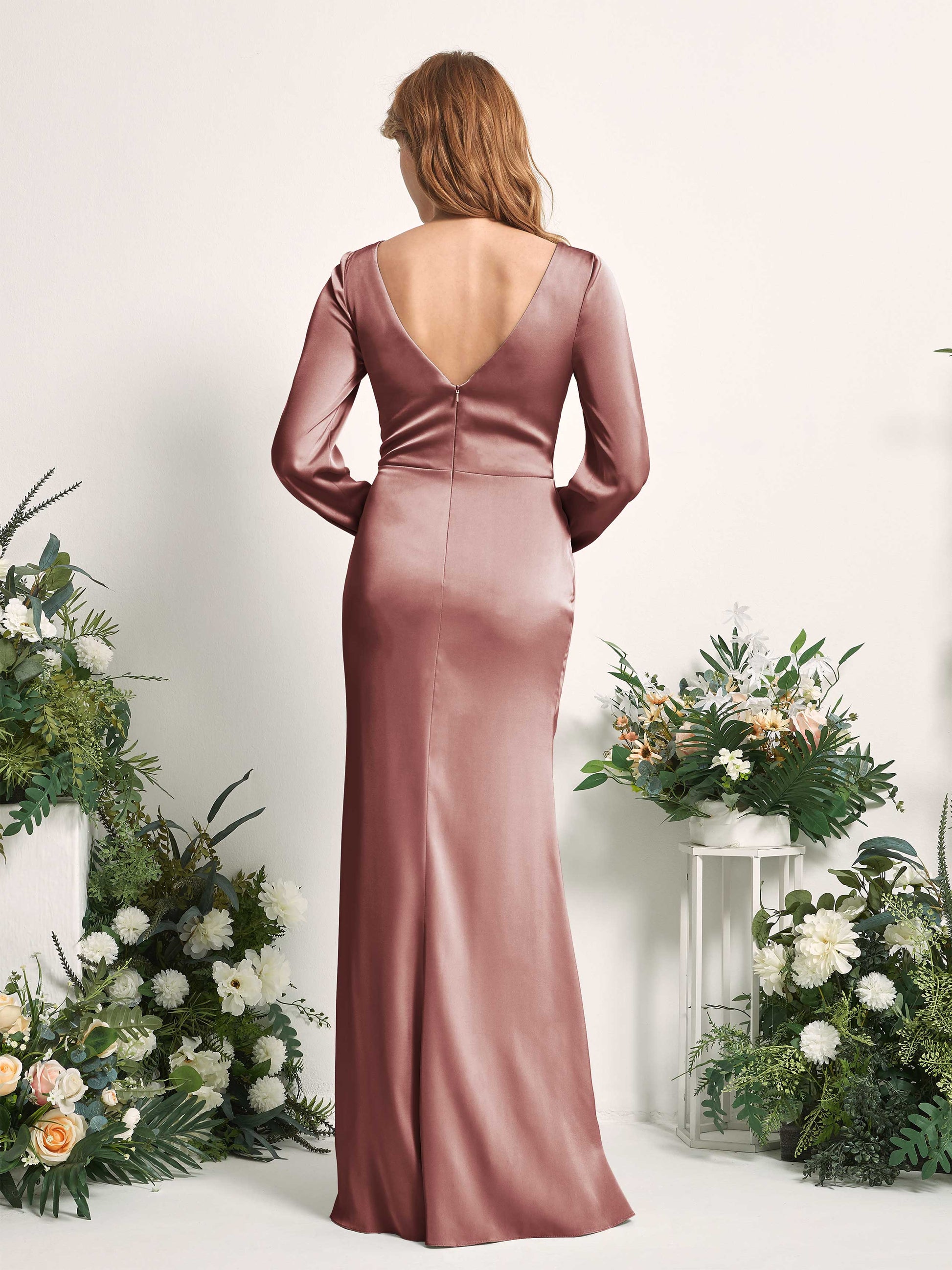 Taylor Desert Rose Satin Long Sleeve Maxi Dress