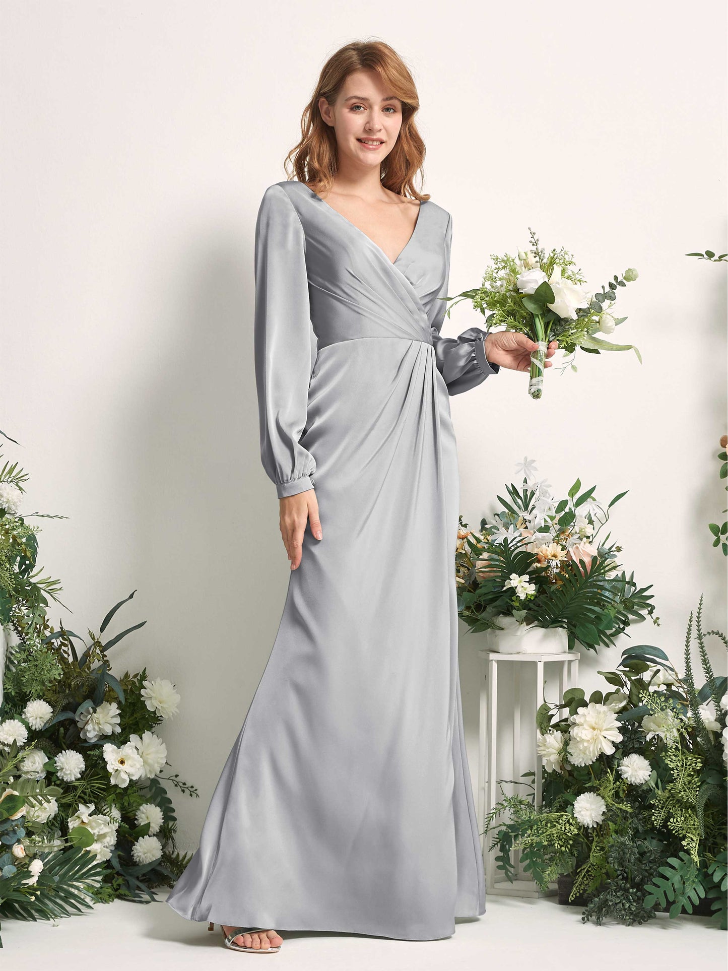 Taylor Dove Satin Long Sleeve Maxi Dress