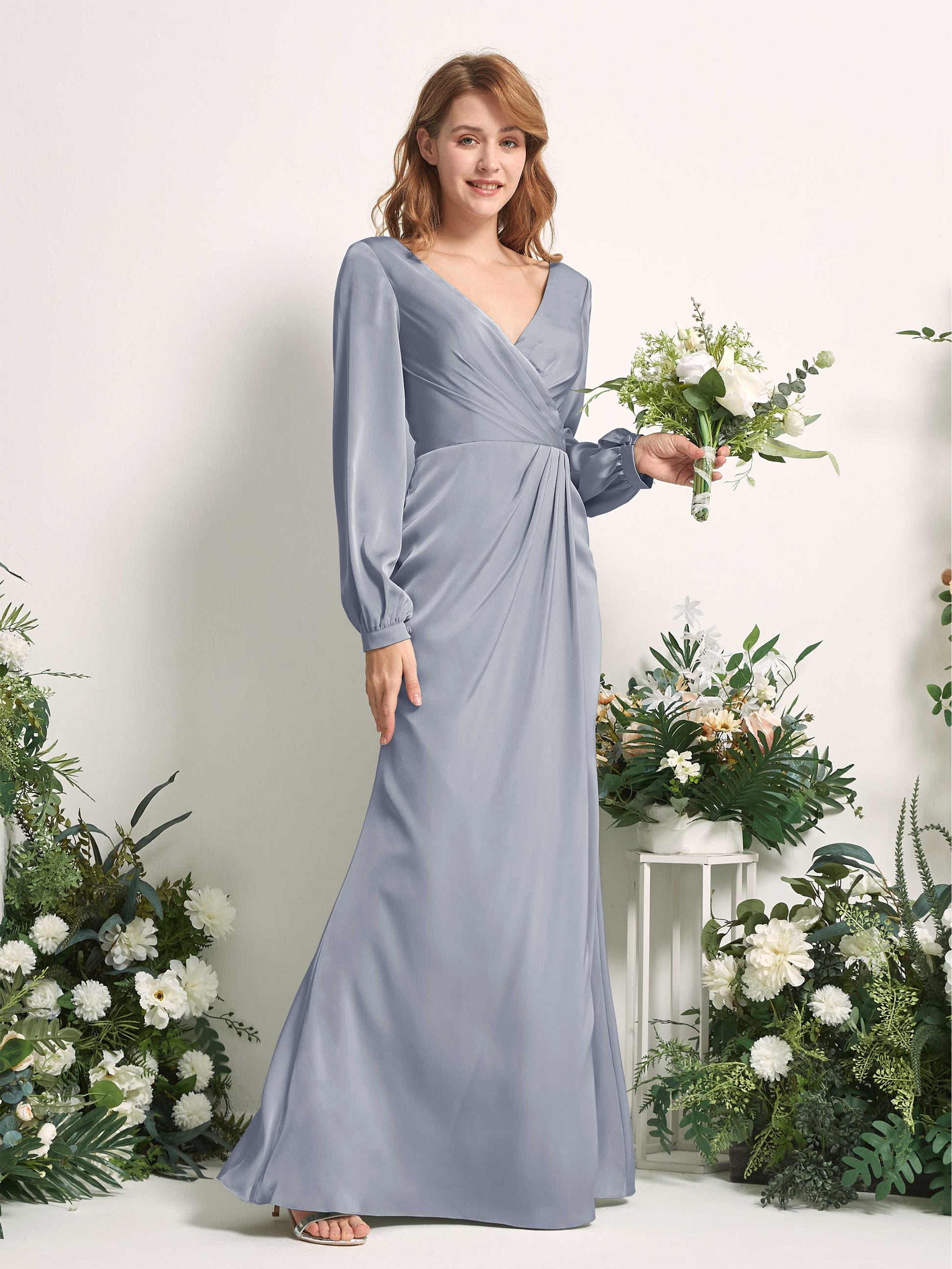 Taylor Dusty Blue Satin Long Sleeve Maxi Dress