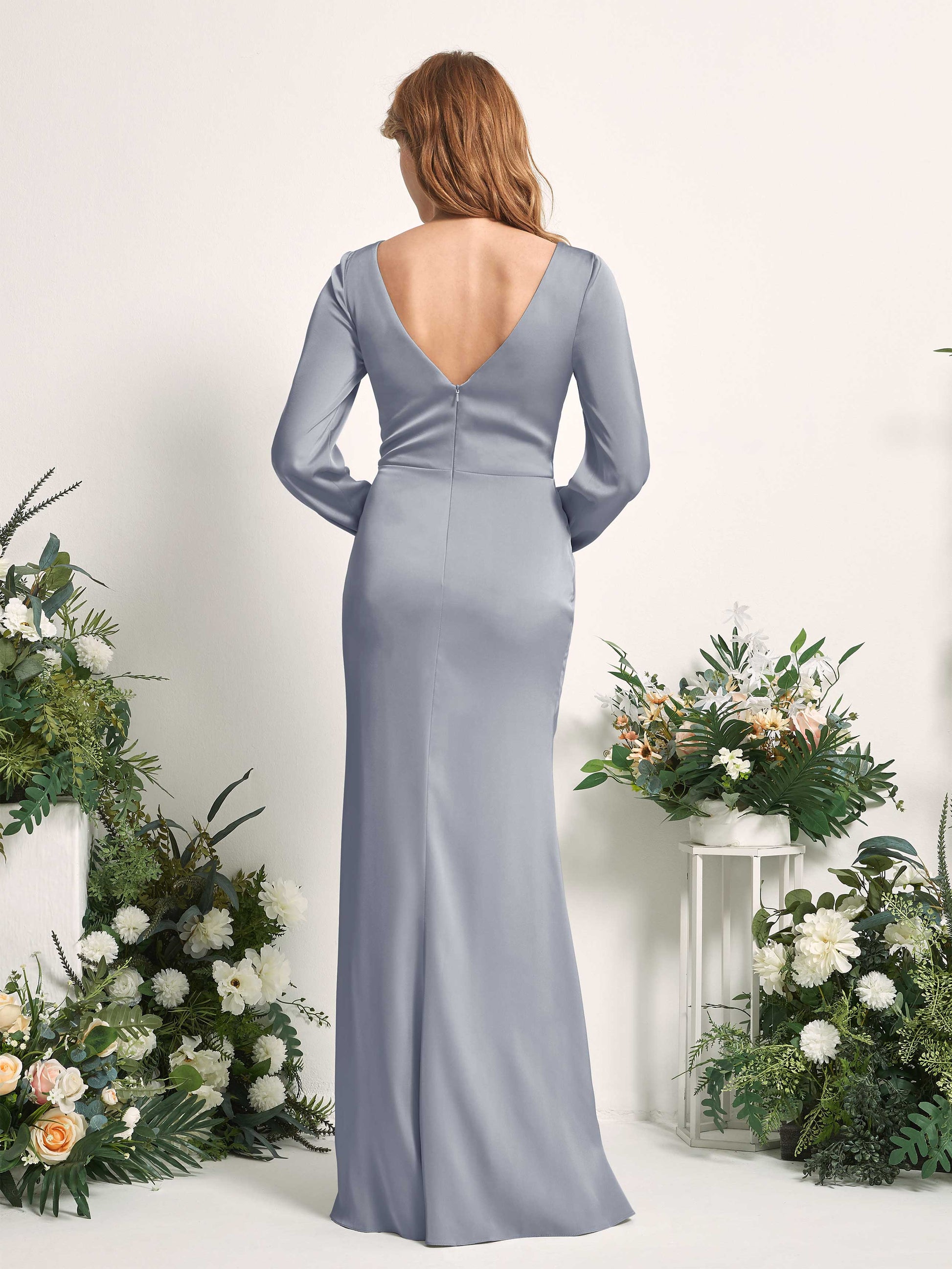 Taylor Dusty Blue Satin Long Sleeve Maxi Dress