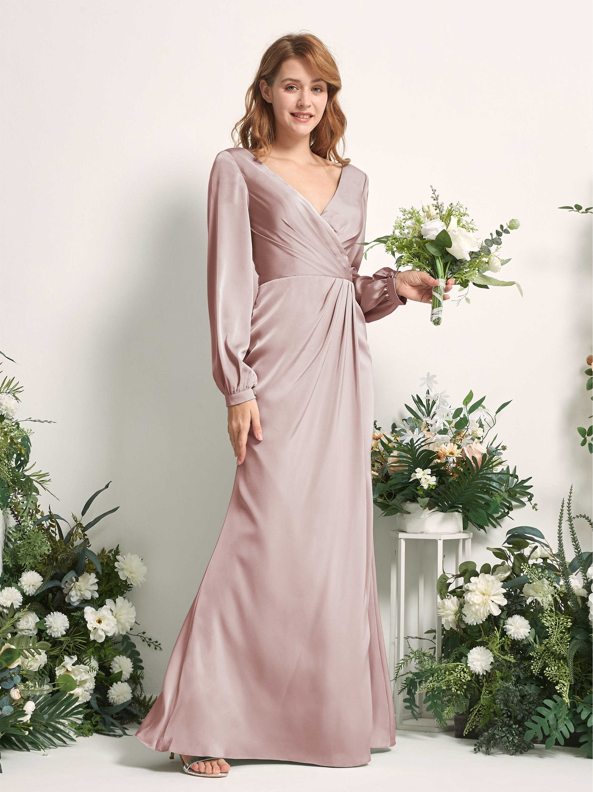 Taylor Dusty Rose Satin Long Sleeve Maxi Dress