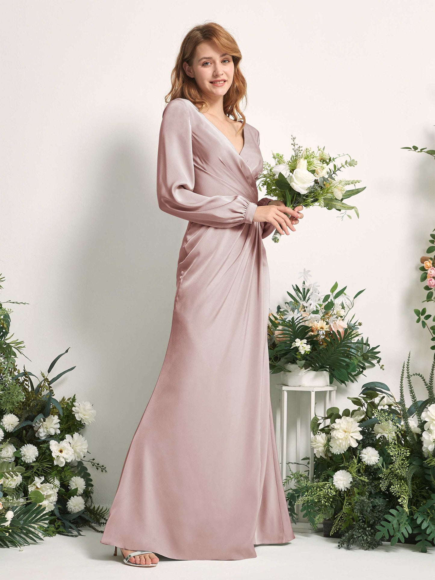 Taylor Dusty Rose Satin Long Sleeve Maxi Dress